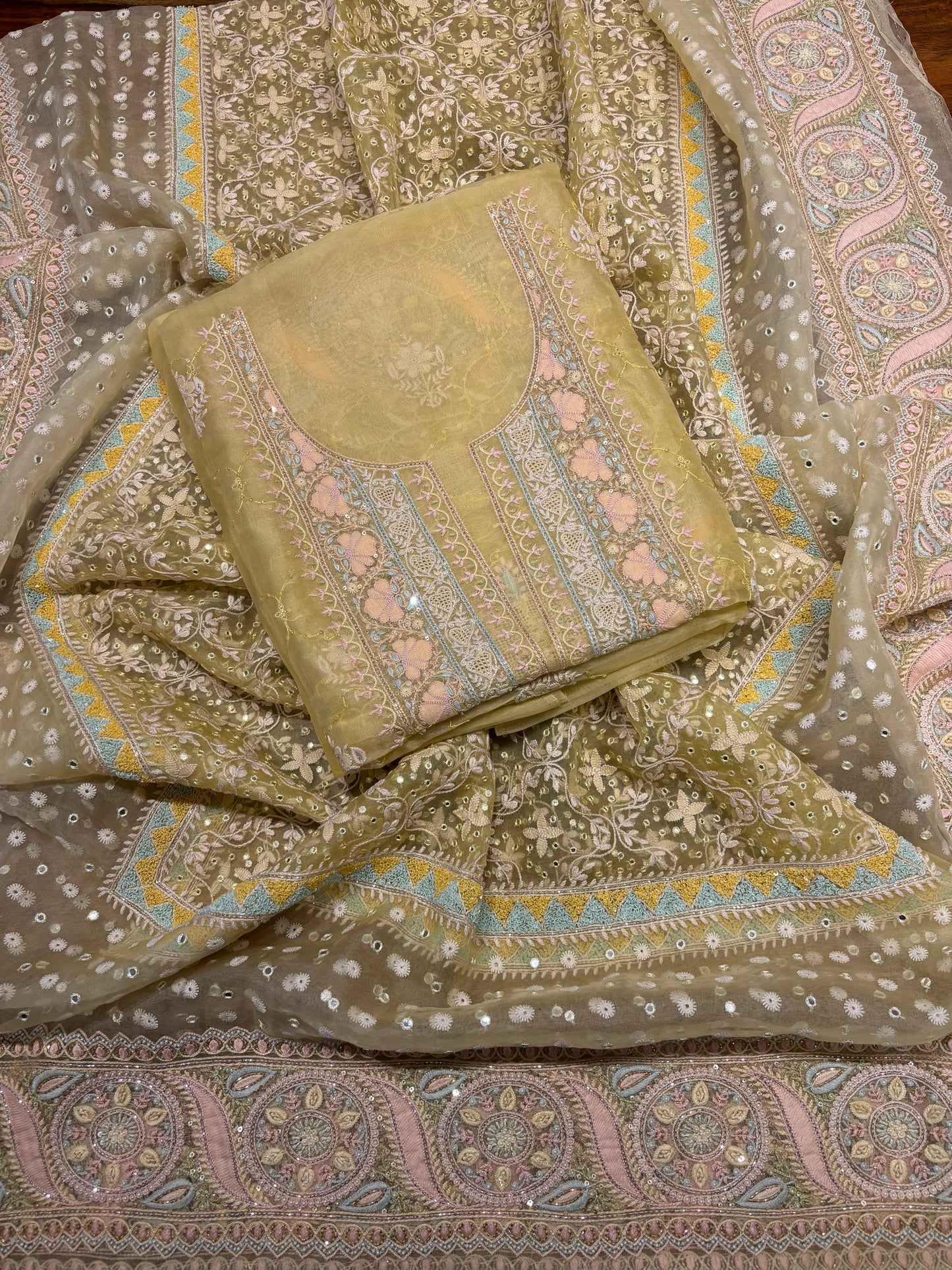 Yellow Organza Silk Chikankari Kurta and Dupatta Fabric