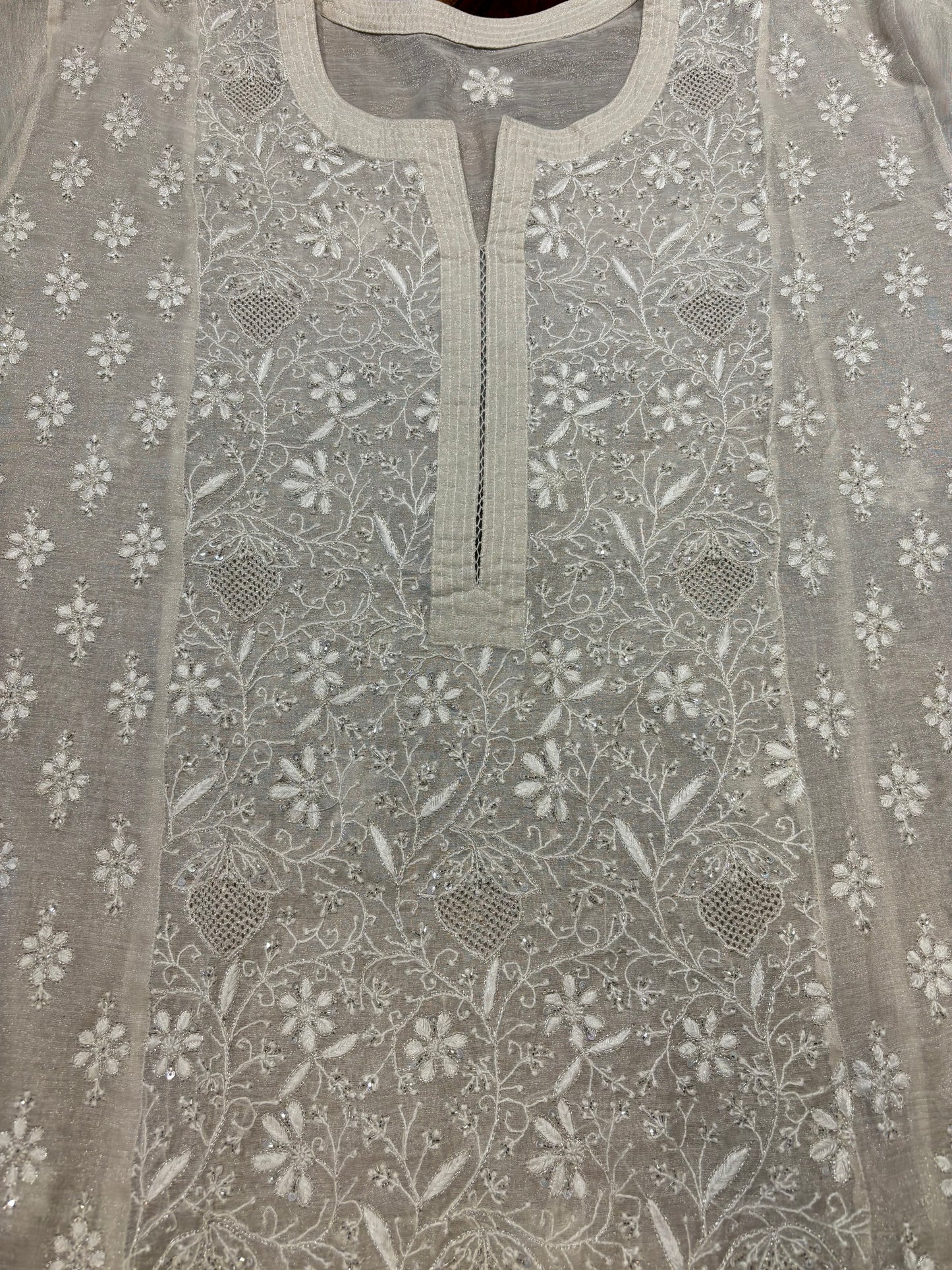 Dyeable Silver Pure Tissue Chikankari Kurta and Dupatta