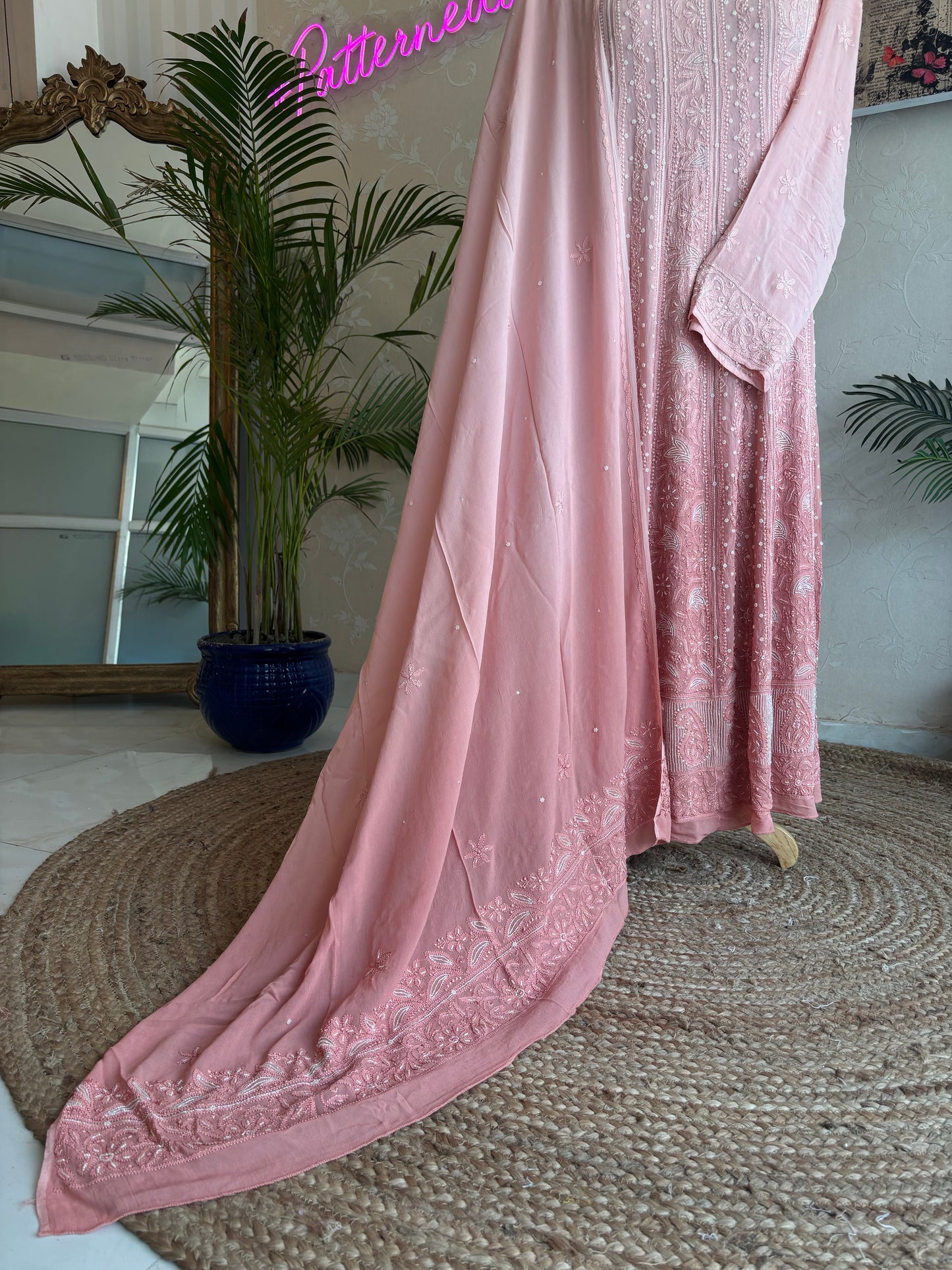 Rose Gold Ombre Half Pure Georgette Chikankari Anarkali and Dupatta