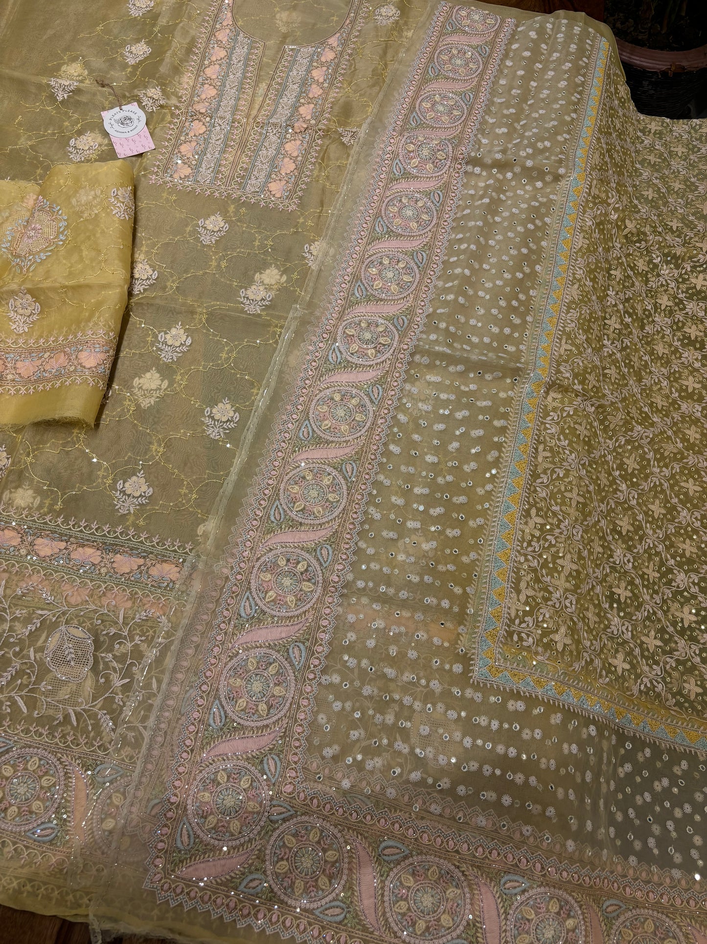 Yellow Organza Silk Chikankari Kurta and Dupatta Fabric