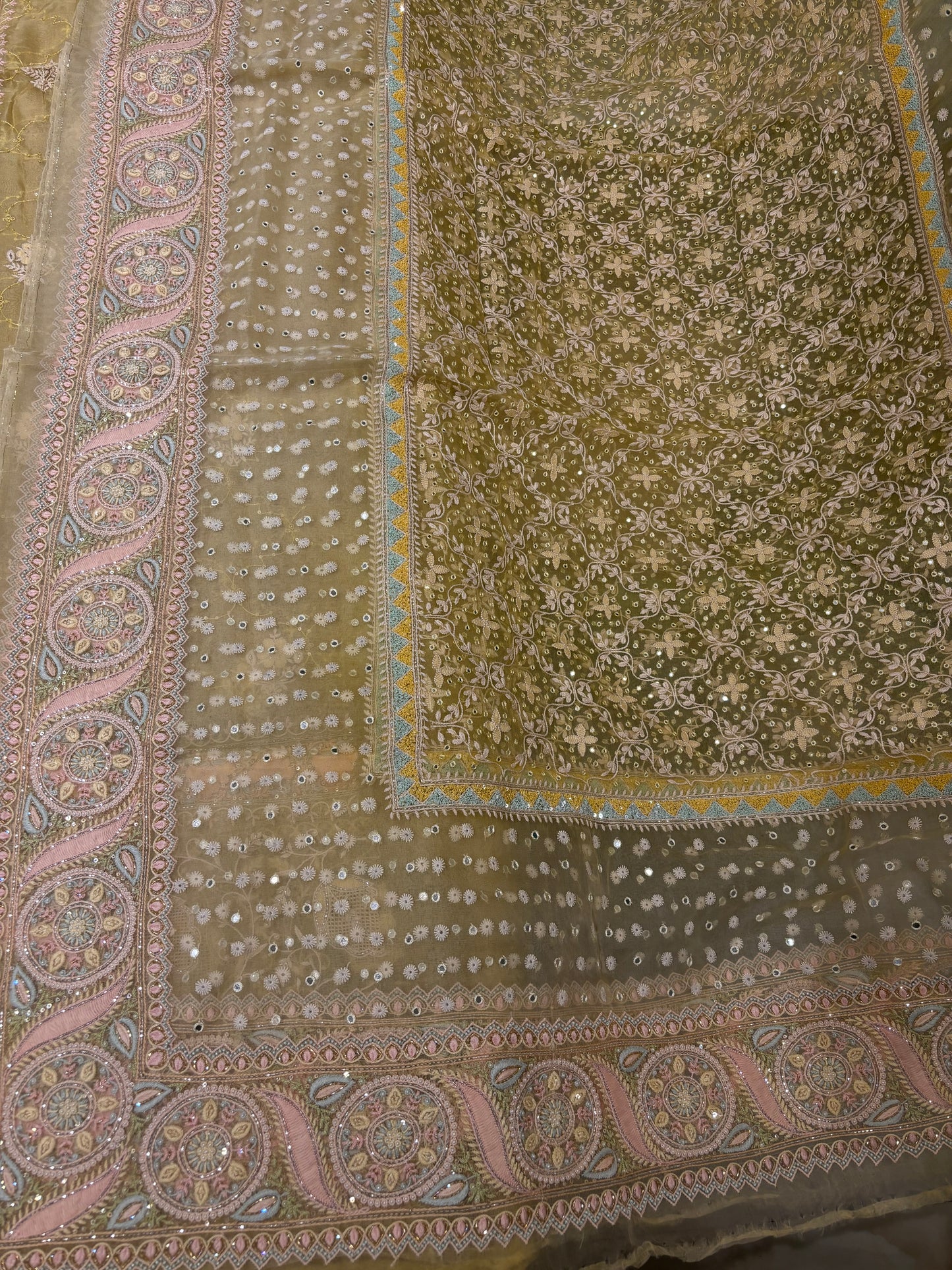 Yellow Organza Silk Chikankari Kurta and Dupatta Fabric
