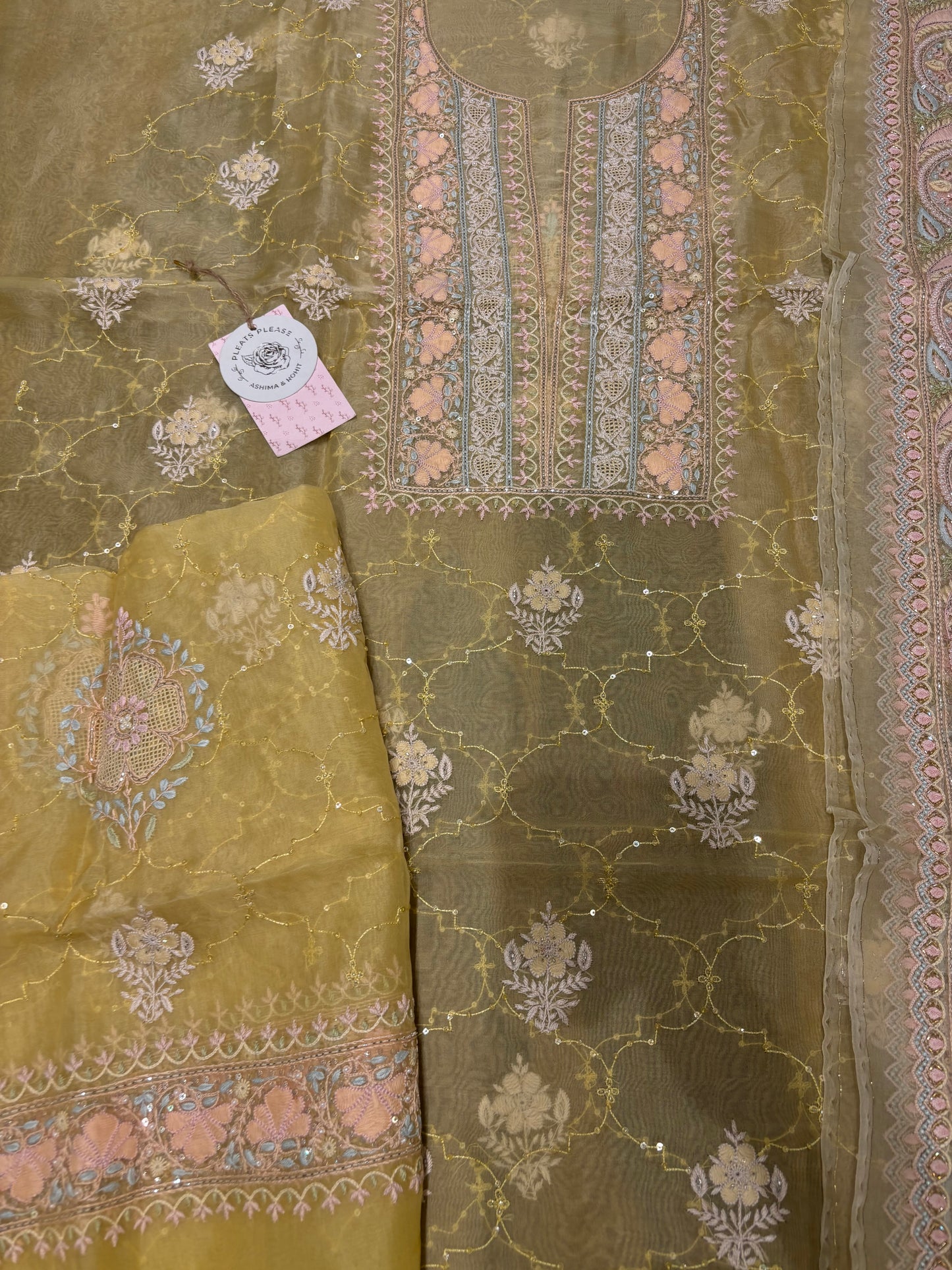 Yellow Organza Silk Chikankari Kurta and Dupatta Fabric