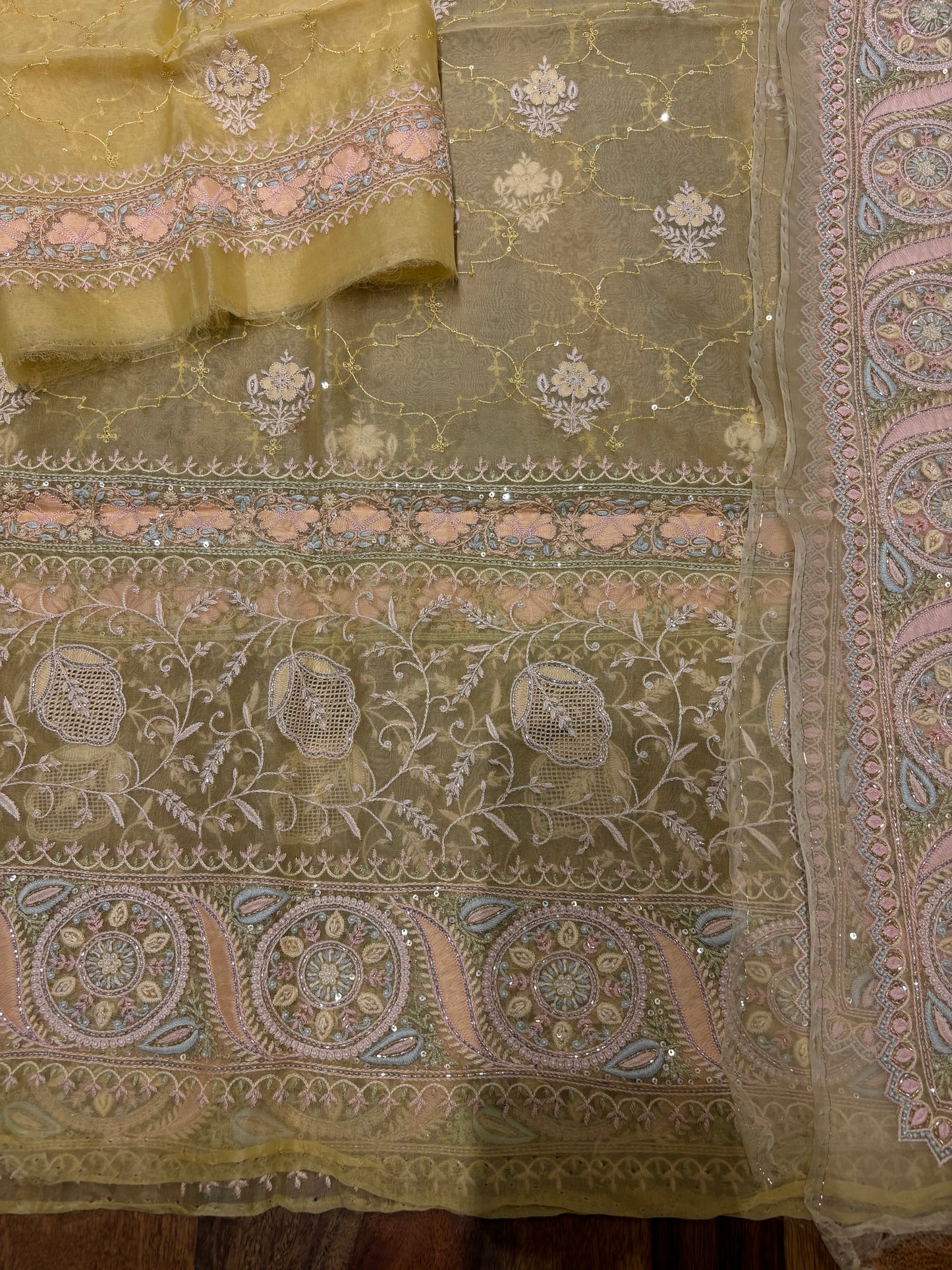 Yellow Organza Silk Chikankari Kurta and Dupatta Fabric