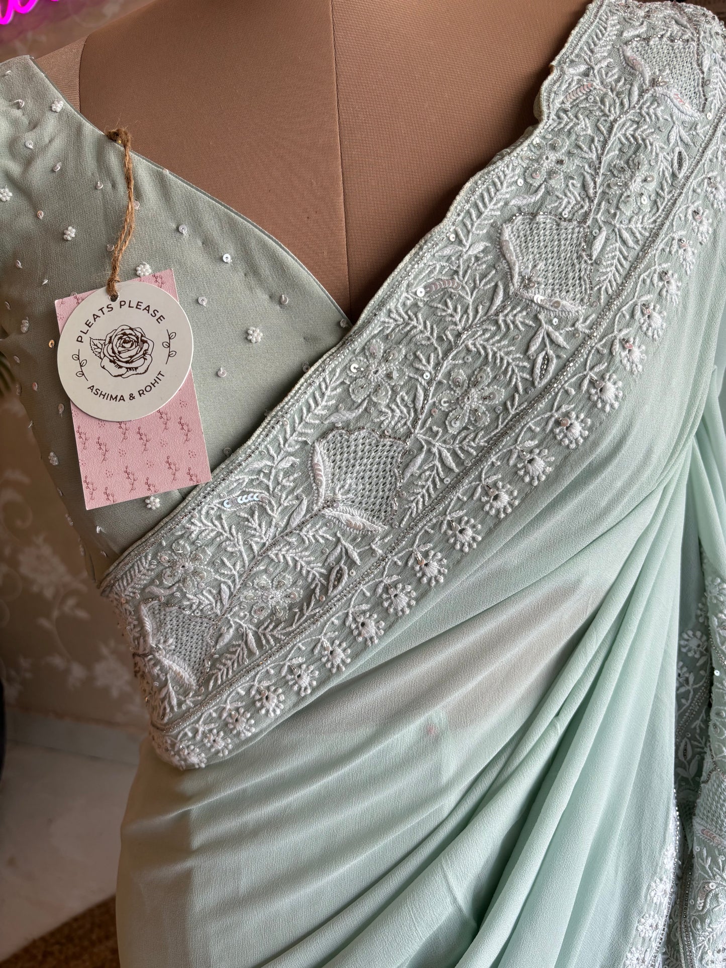 Sage Green Pure Georgette Chikankari Saree