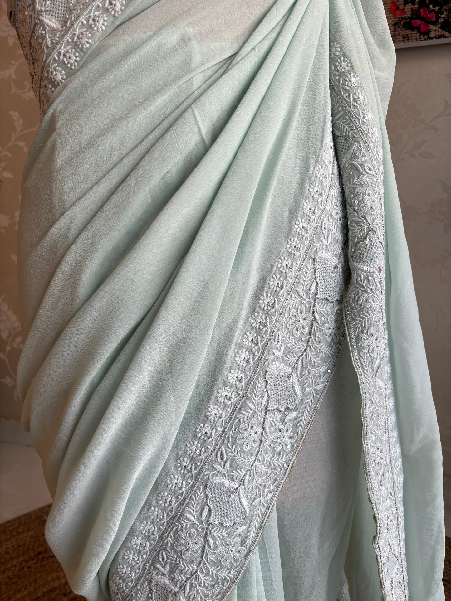 Sage Green Pure Georgette Chikankari Saree