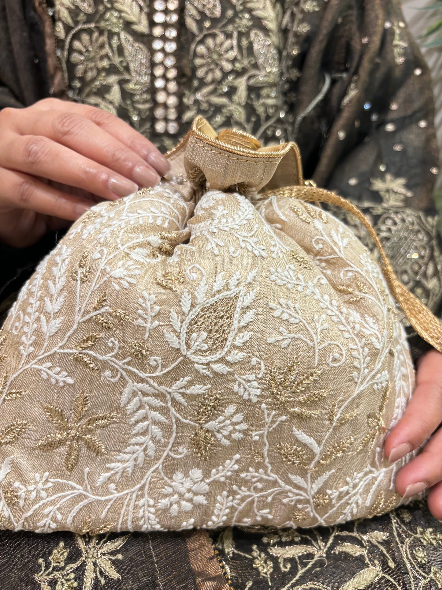Beige Silk Chikankari Potli