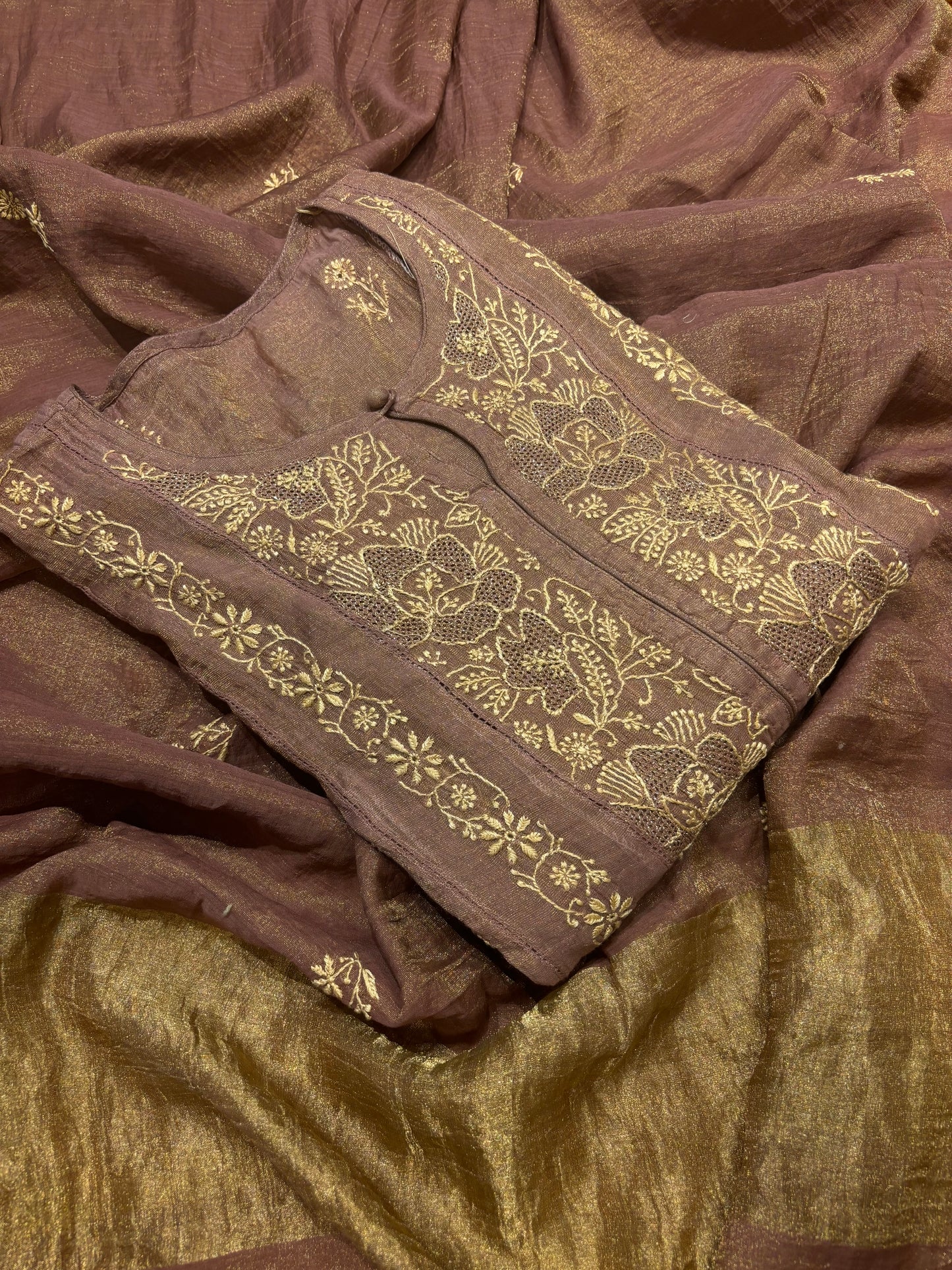 Garnet Pure Tissue Chikankari Kurta and Dupatta