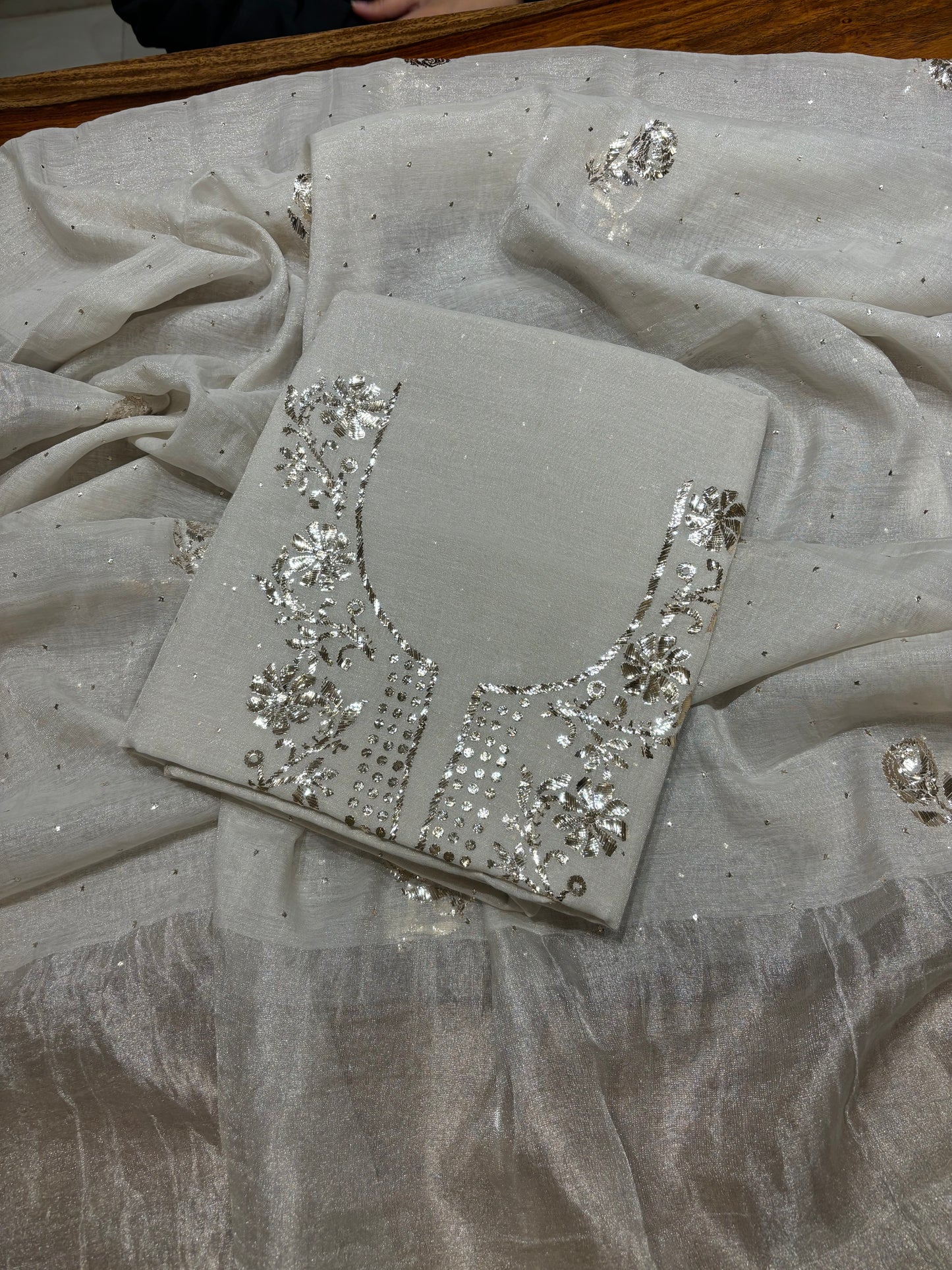 Dyeable Silver Pure Tissue Badla Kurta and Dupatta Fabric