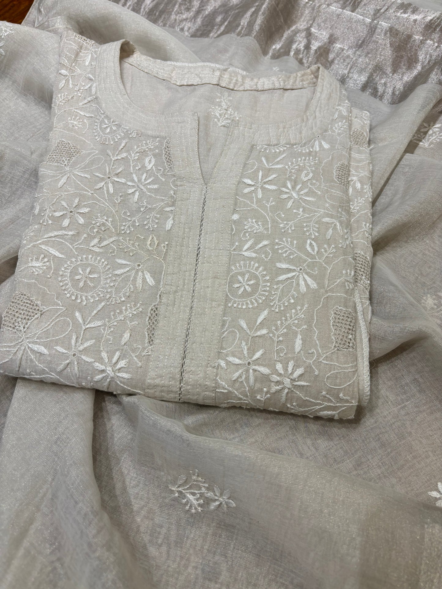 Dyeable Silver Pure Tissue Chikankari Kurta & Dupatta