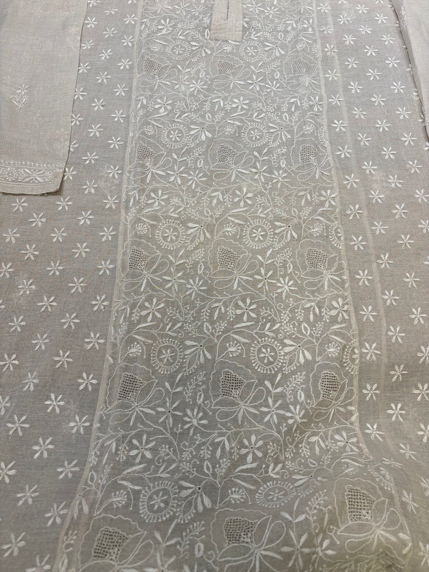 Dyeable Silver Pure Tissue Chikankari Kurta & Dupatta