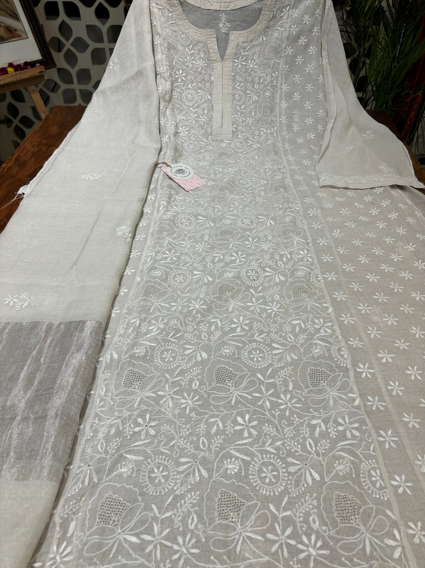 Dyeable Silver Pure Tissue Chikankari Kurta & Dupatta