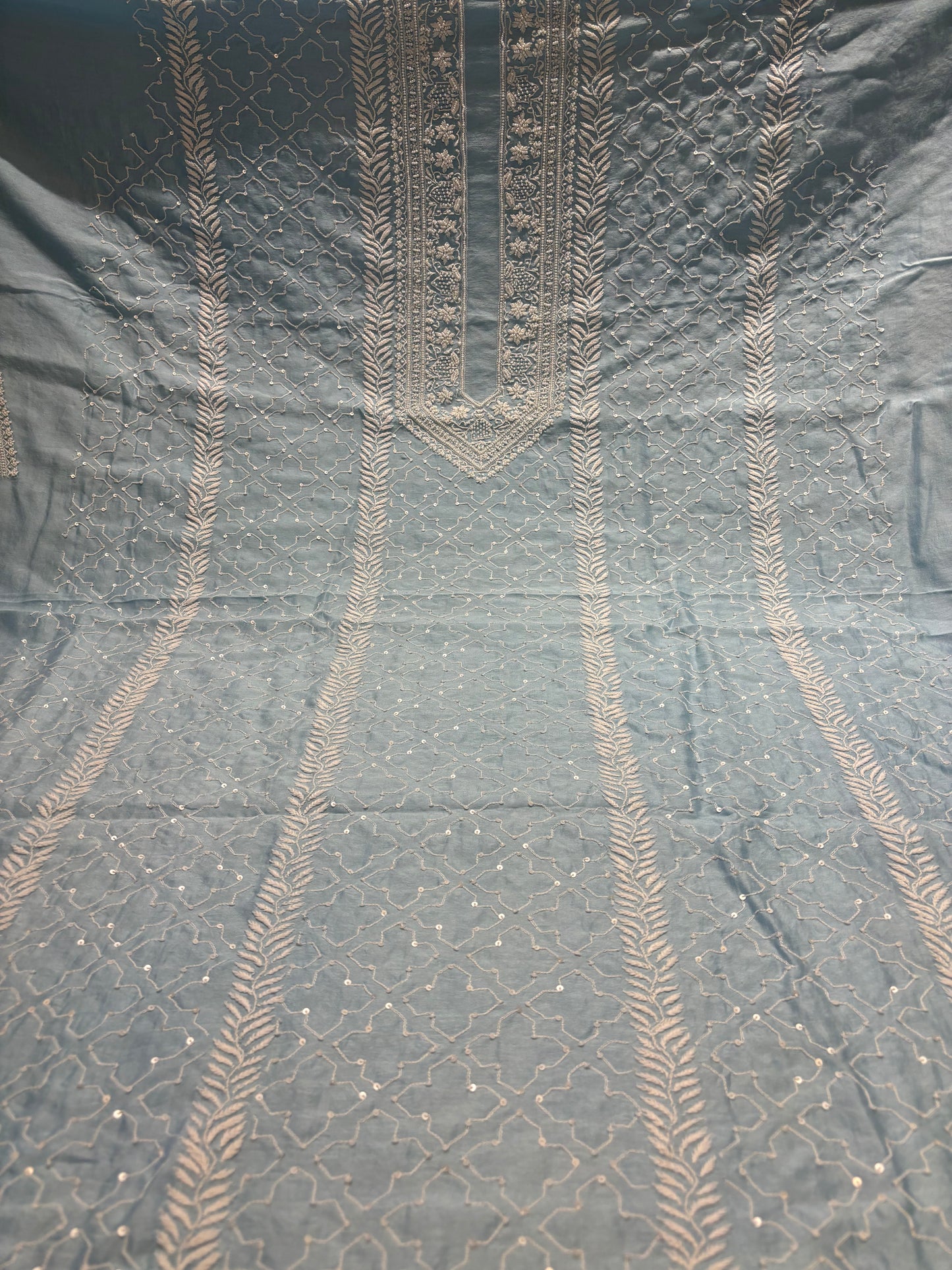 Peri Wrinkle Blue Chanderi Silk Chikankari Men's Kurta Fabric