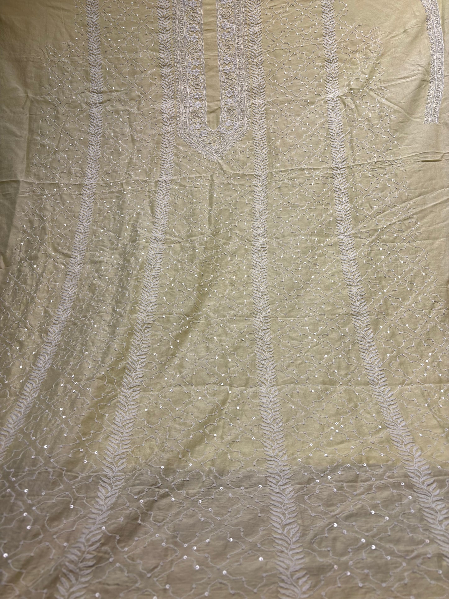 Lemon Yellow Chanderi Silk Chikankari Men's Kurta Fabric