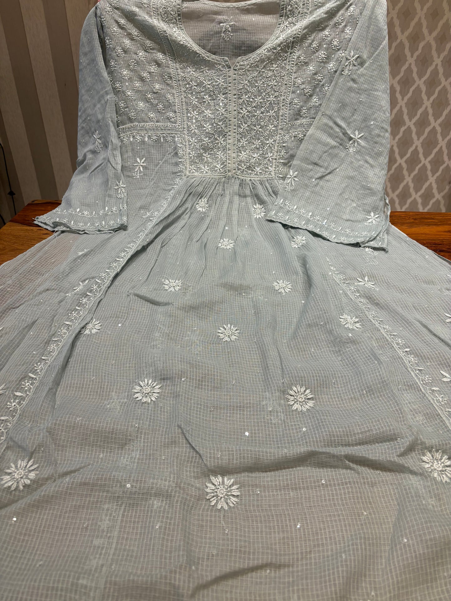 Greyish Blue Kota Doria Chikankari Tunic