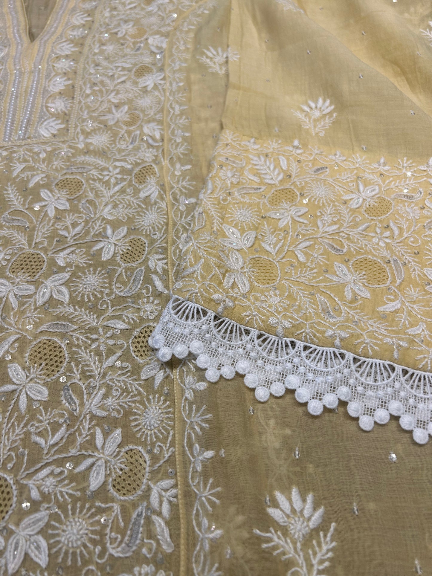 Butter Yellow Chanderi Mul Chikankari Kurta and Dupatta