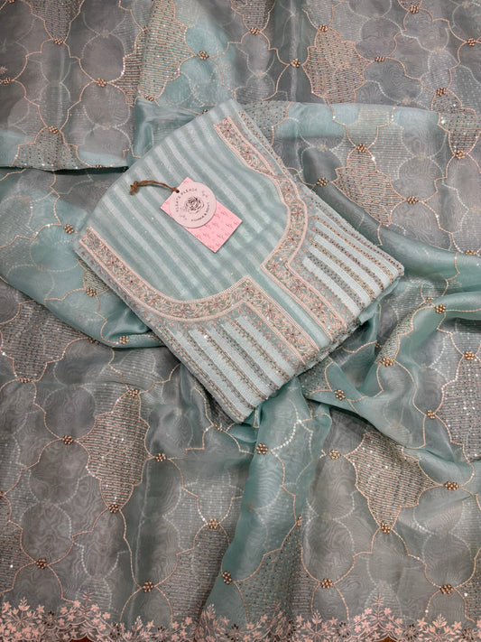 Blue Pure Georgette Chikankari Kurta and Organza Dupatta