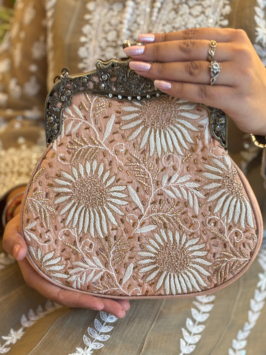 Peach Silk Chikankari Clutch Bag