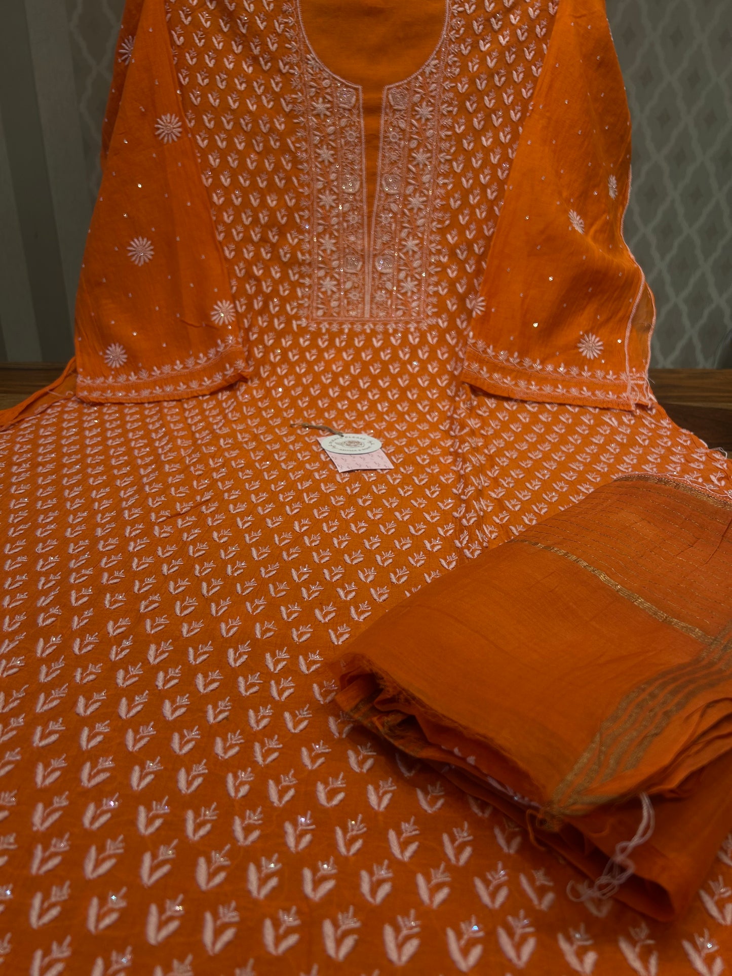 Carrot Orange Chanderi Mul Chikankari Kurta and Dupatta