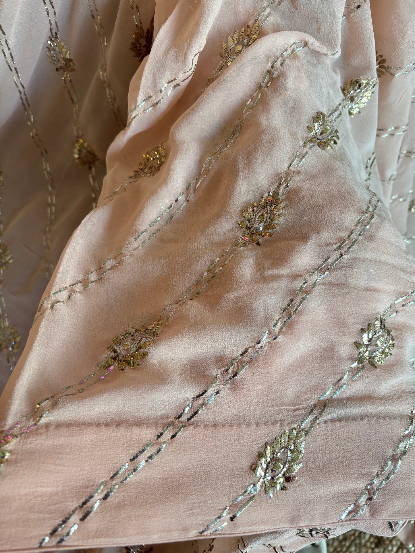Nude Peach  Pure Georgette Badla Saree and Blouse