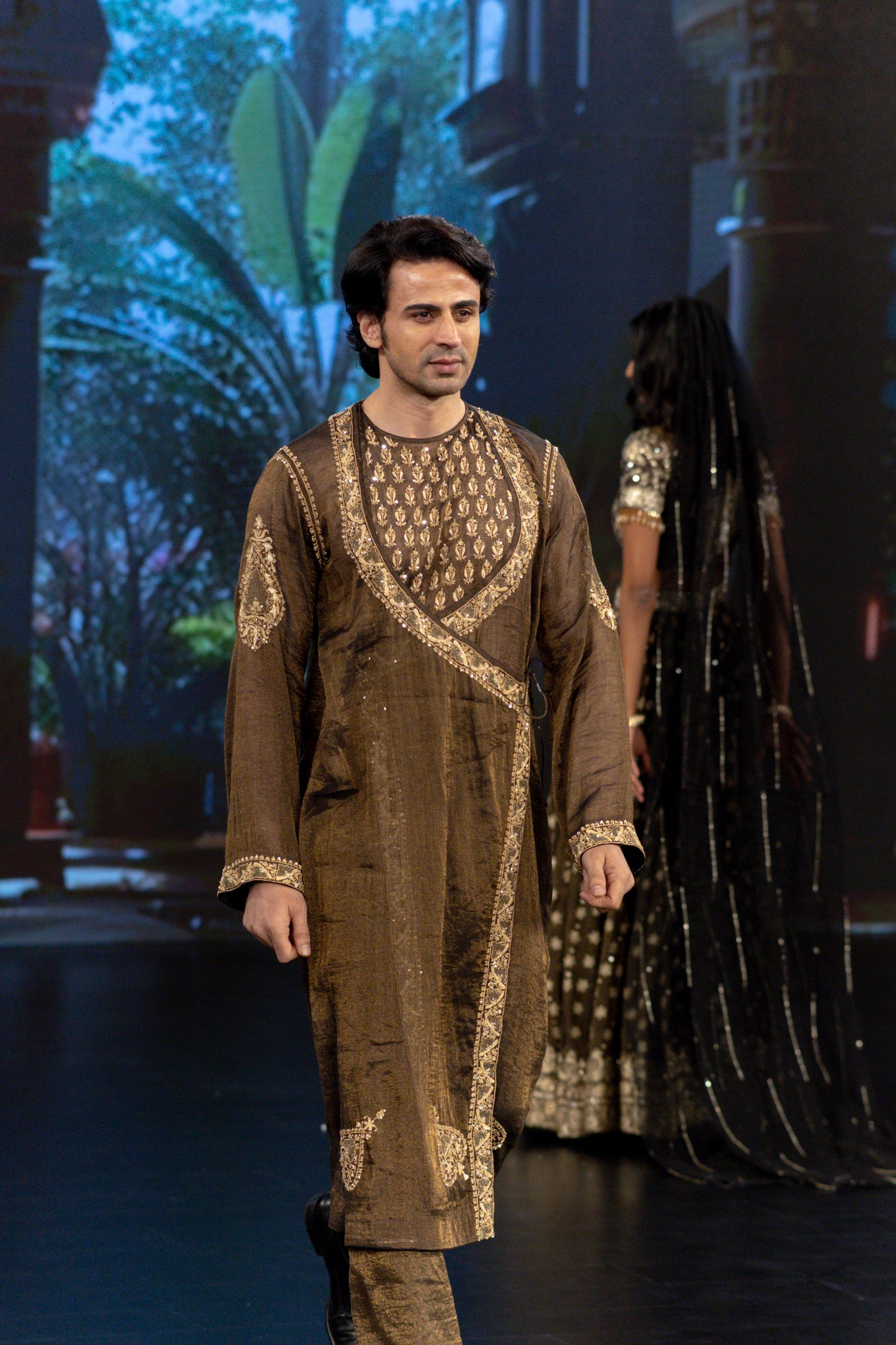 Black Pure And Premium Tissue Chikankari Men's Angrakha