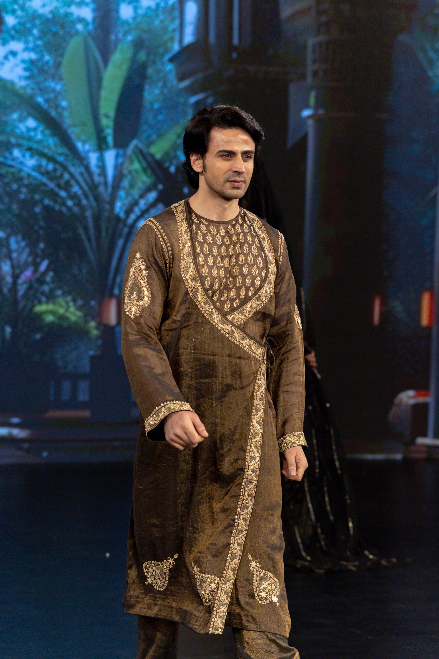 Black Pure And Premium Tissue Chikankari Men's Angrakha
