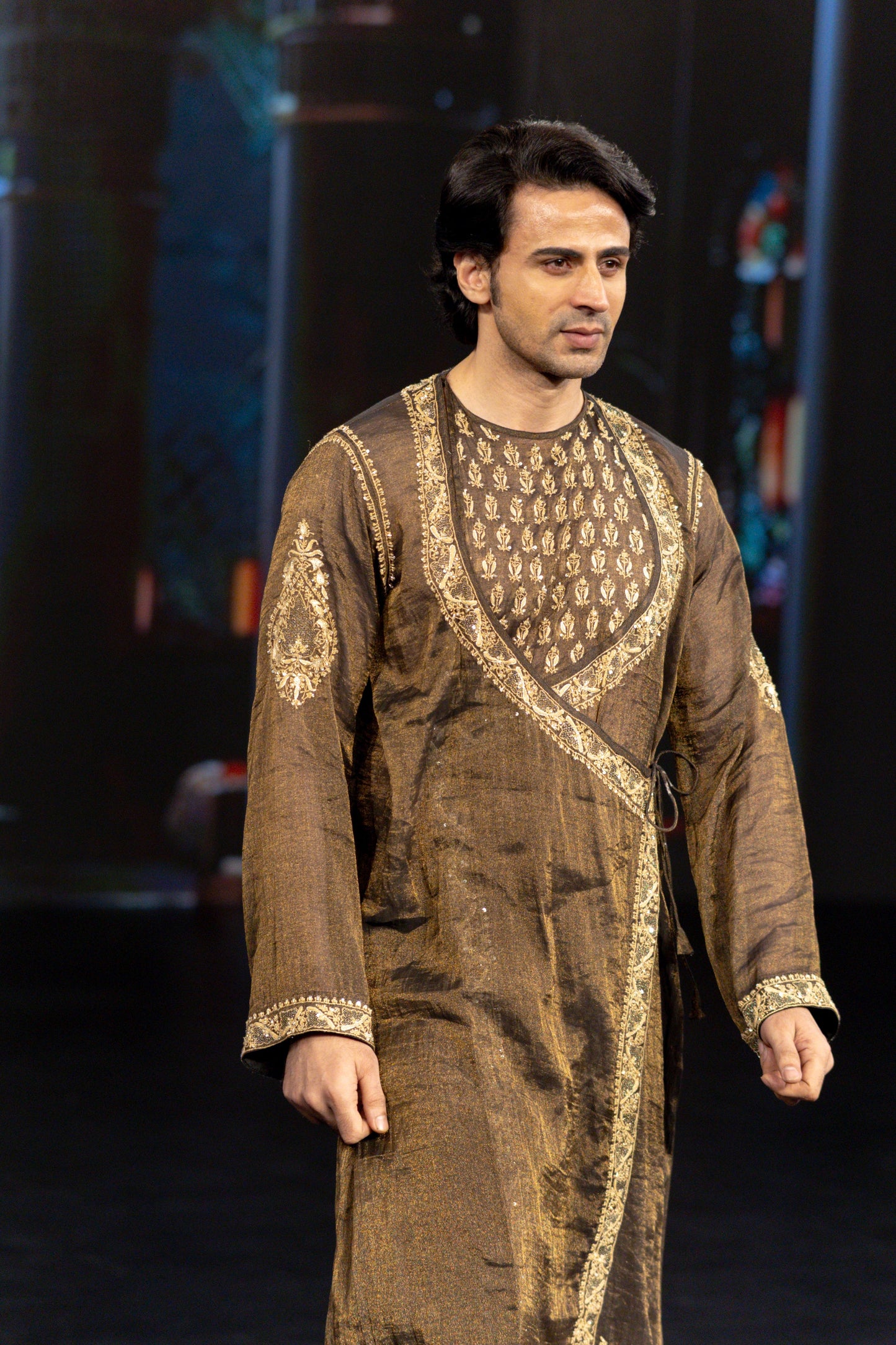 Black Pure And Premium Tissue Chikankari Men's Angrakha