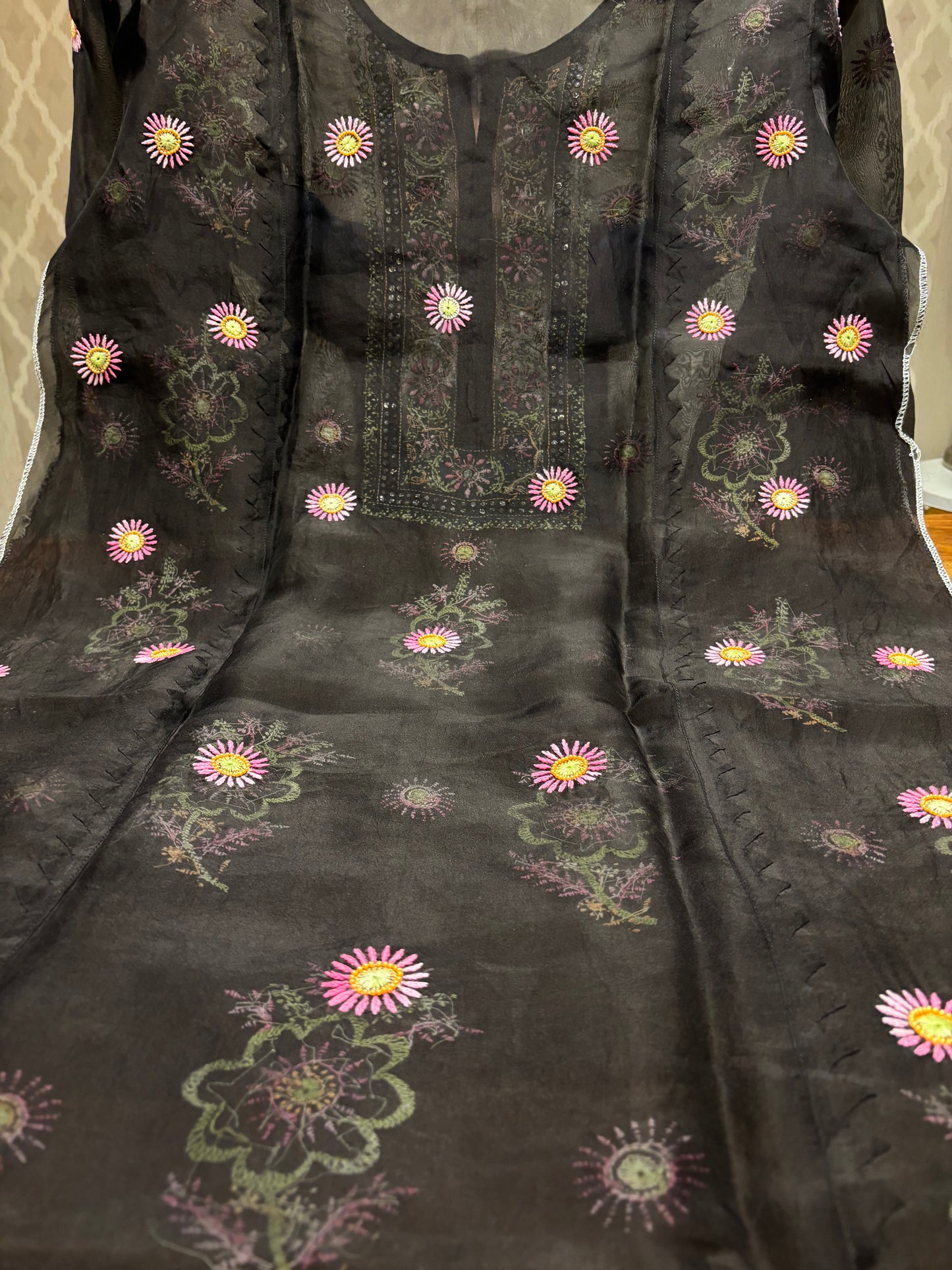 Black Organza Silk Chikankari Kurta and Dupatta
