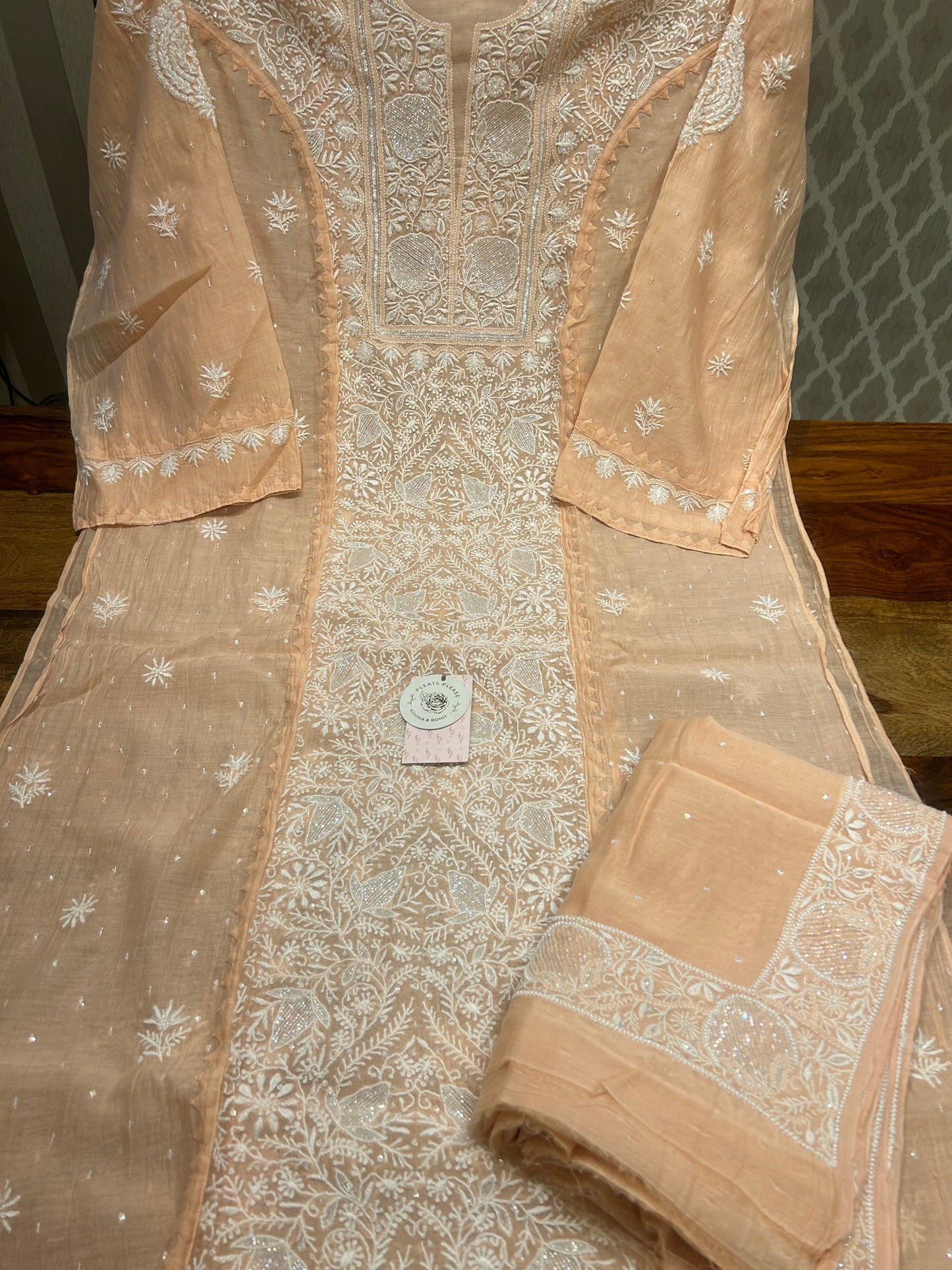 Peach Chanderi Mul Chikankari Kurta and Dupatta