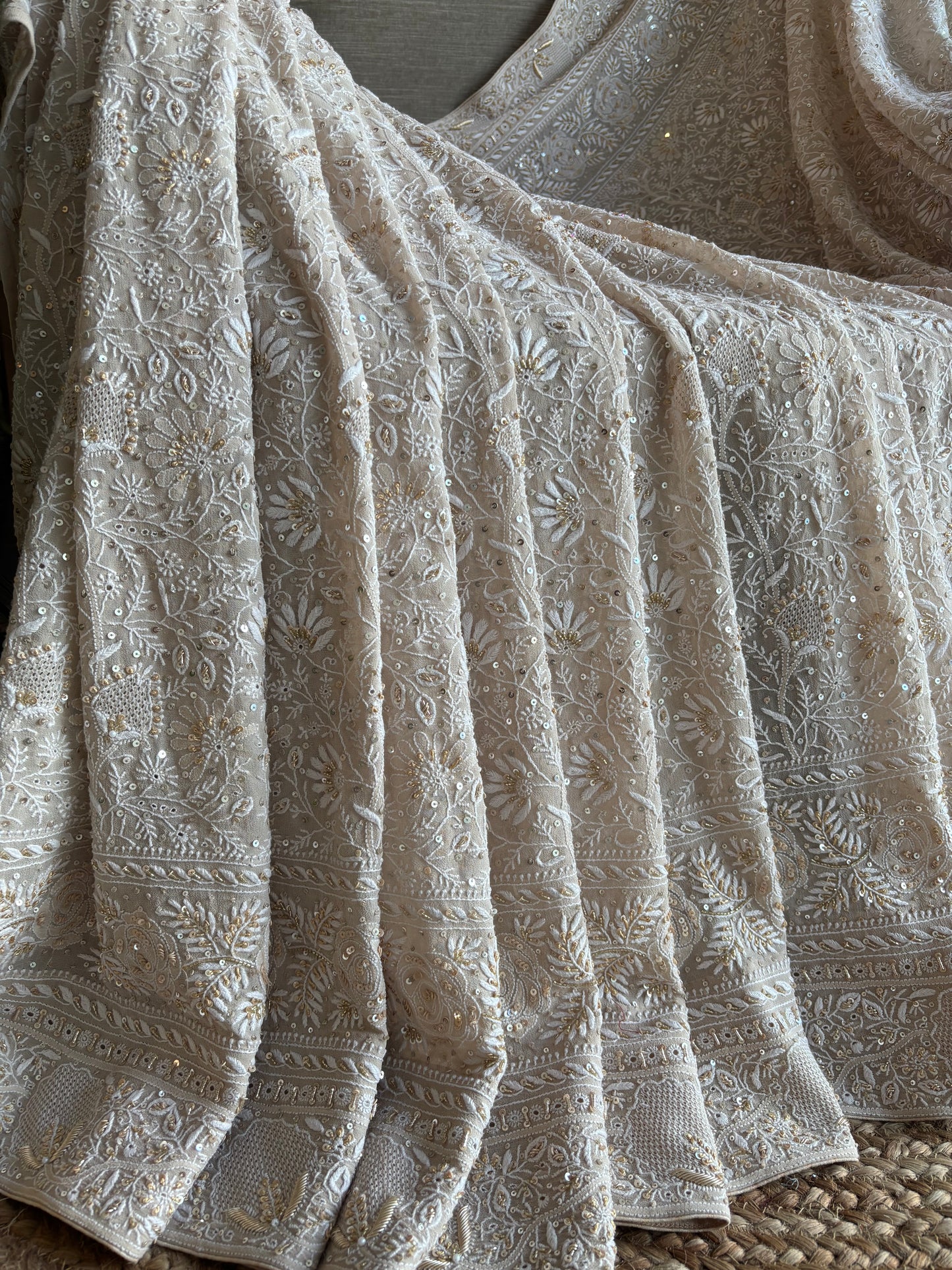 Coffee Cream Pure Georgette Chikankari Saree and Blouse