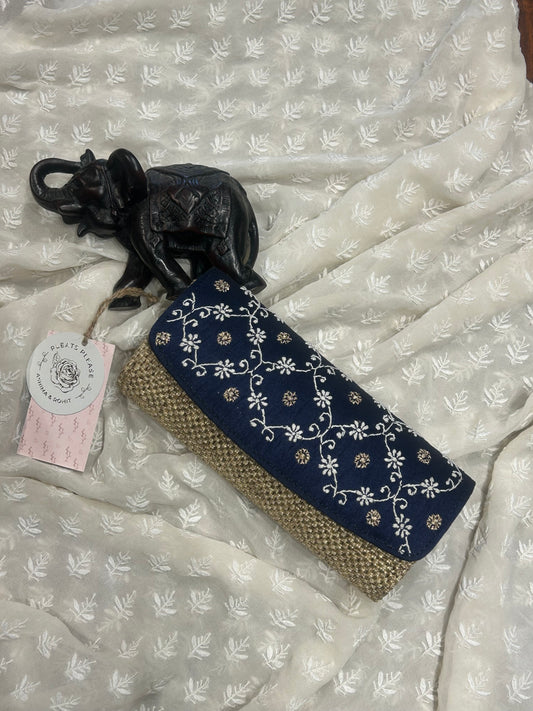Navy Blue Silk Chikankari Clutch Jute Bag