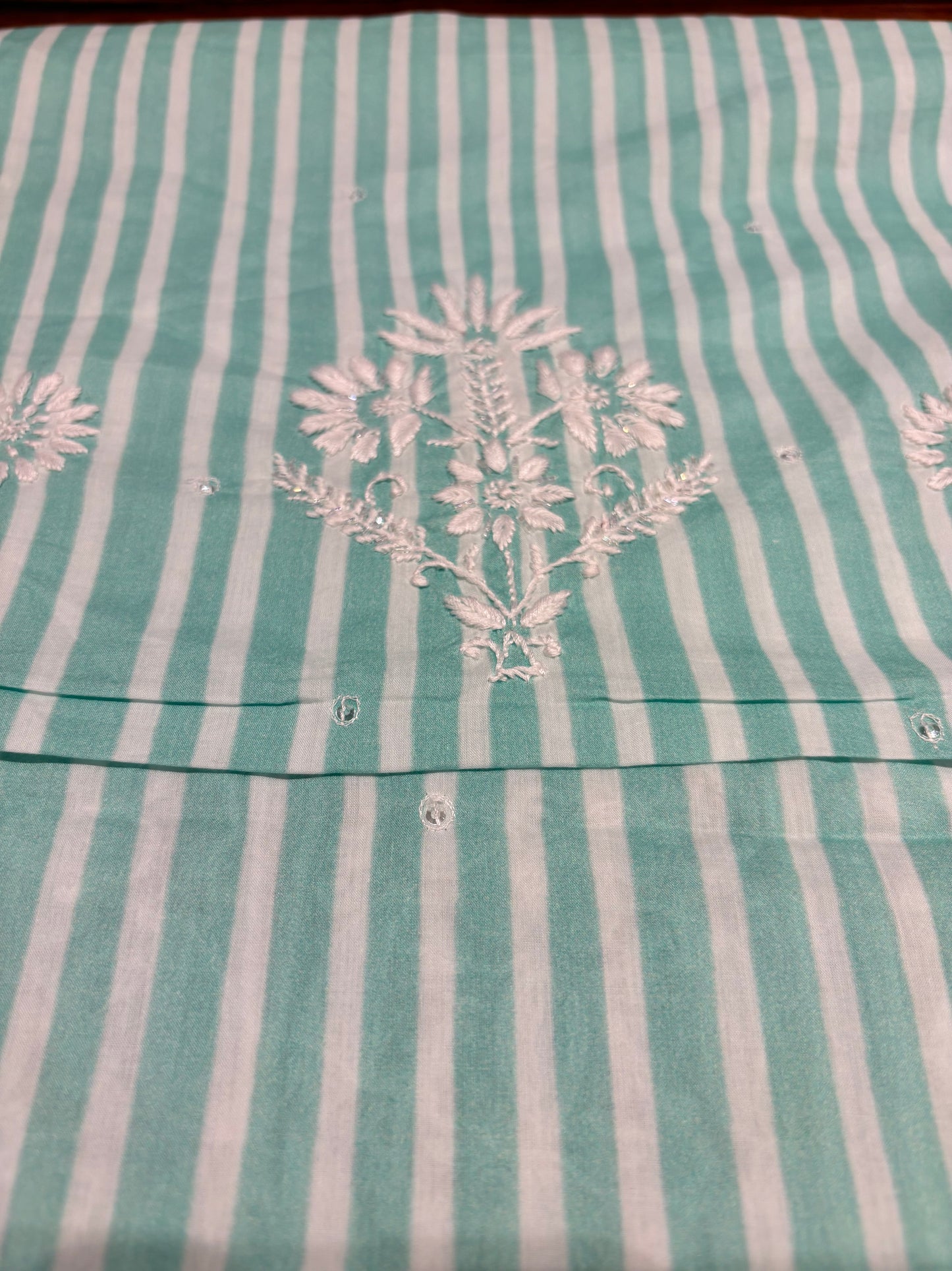 Sea Foam Green Stripe Mul Chikankari Kurta Fabric
