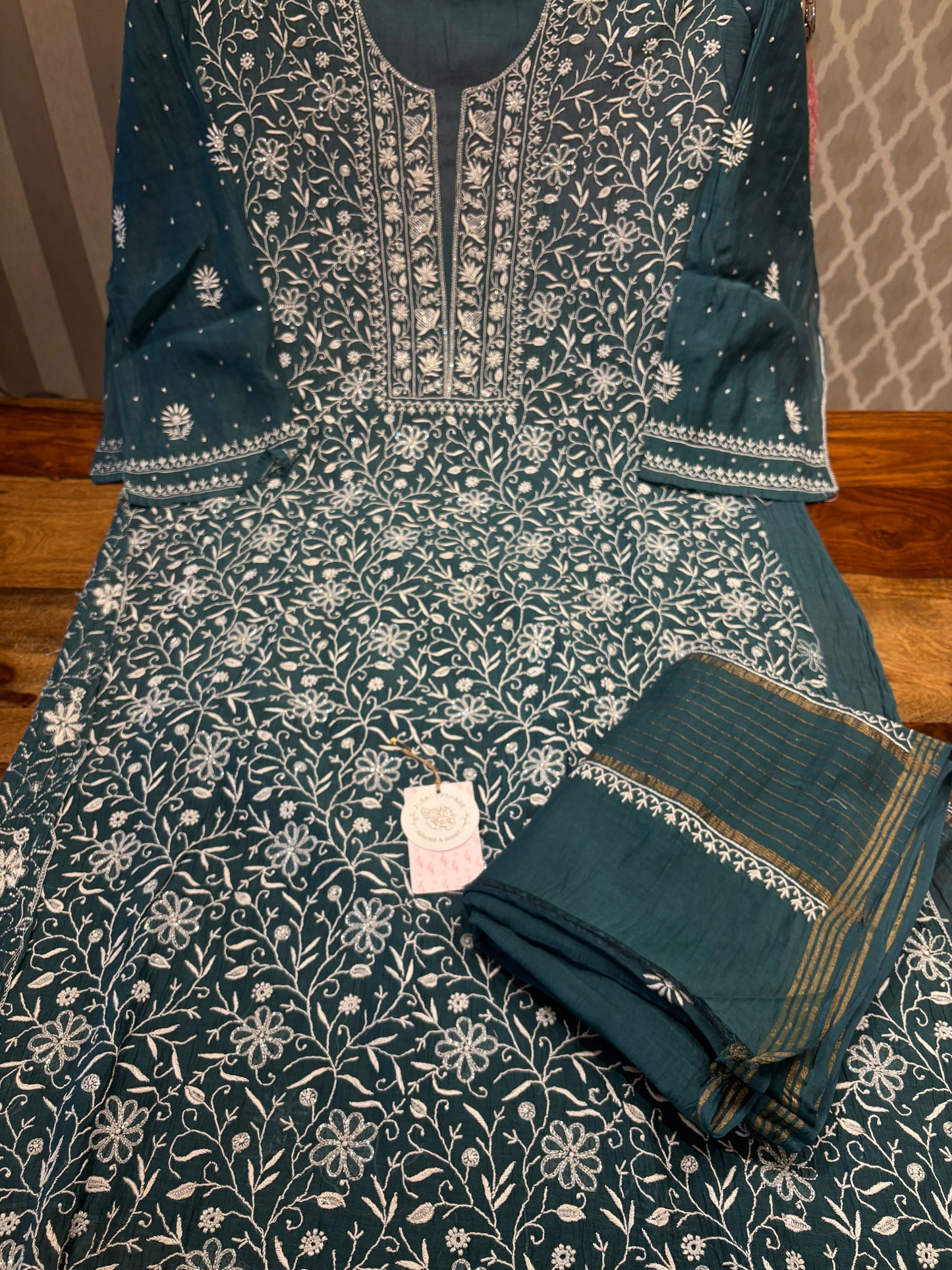 Teal Green Chanderi Mul Chikankari Kurta and Dupatta set