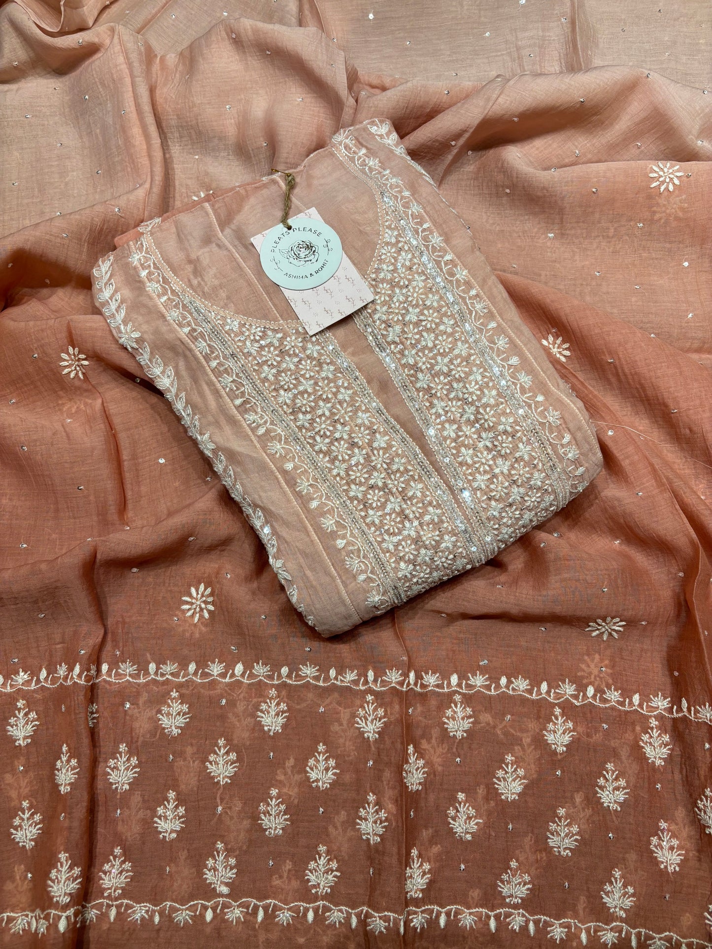 Rose Gold Ombre Chanderi Mul Chikankari Kurta And Dupatta Set
