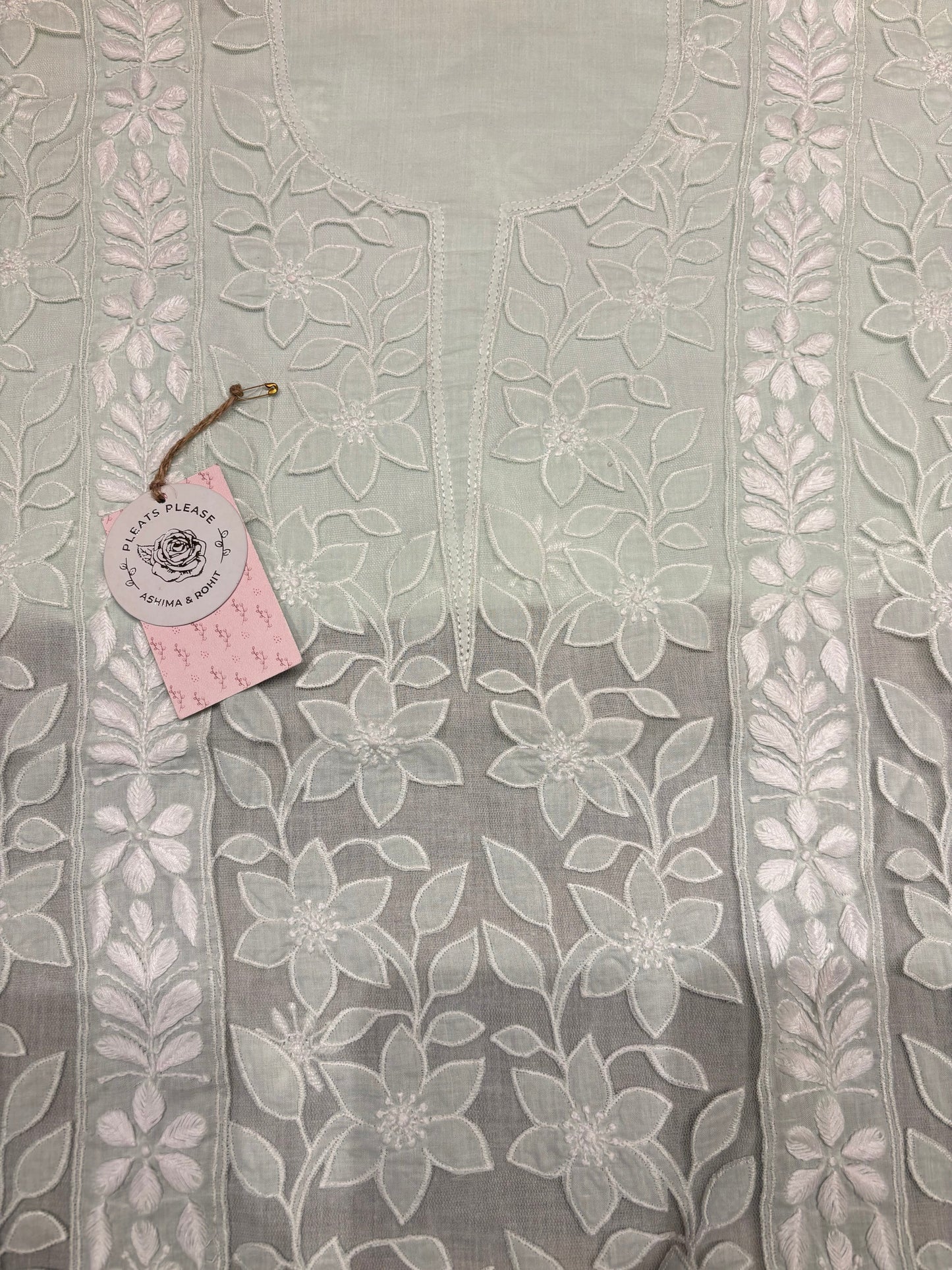 Sage Green Mul Soft Net Applique Chikankari Kurta and Dupatta Fabric