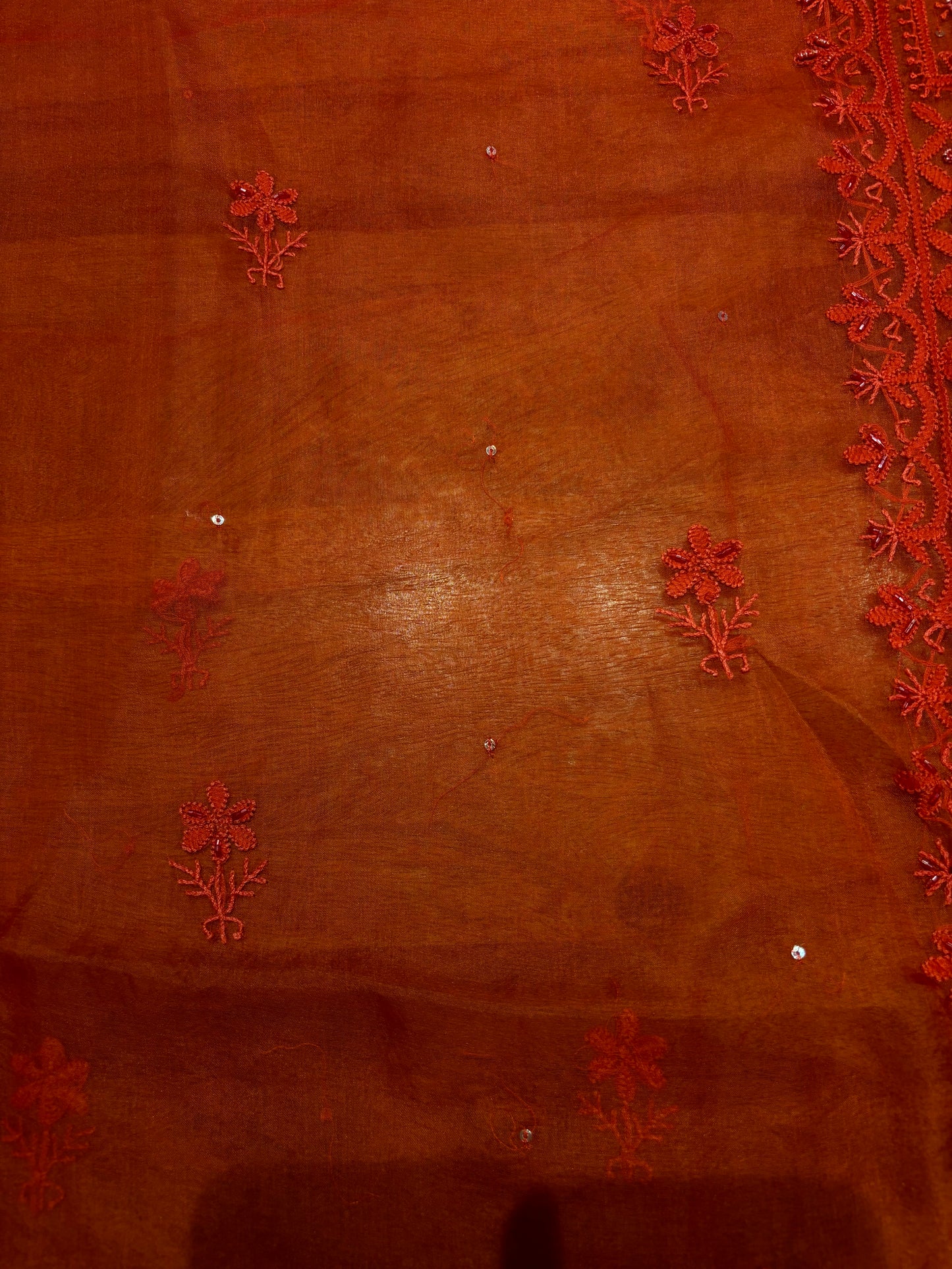 Red Organza Silk Chikankari Kurta and Dupatta Fabric