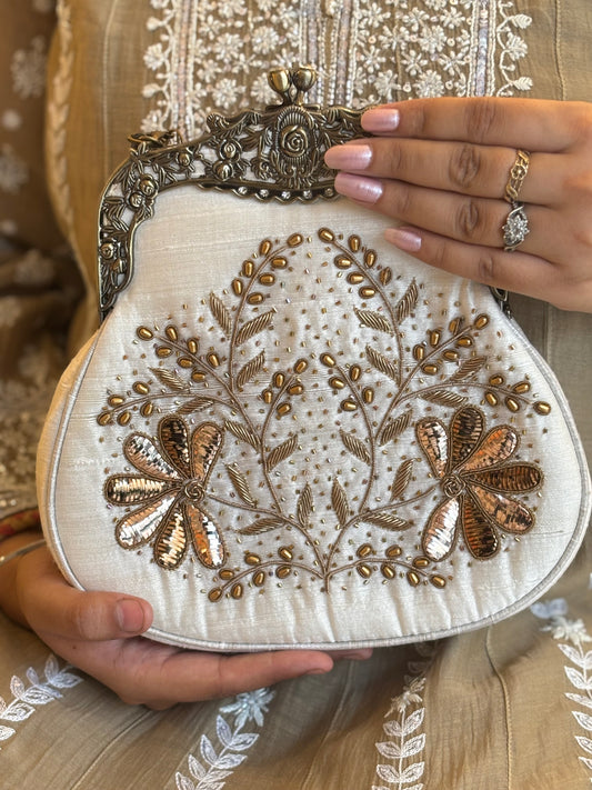 Ivory Silk Chikankari Clutch Bag