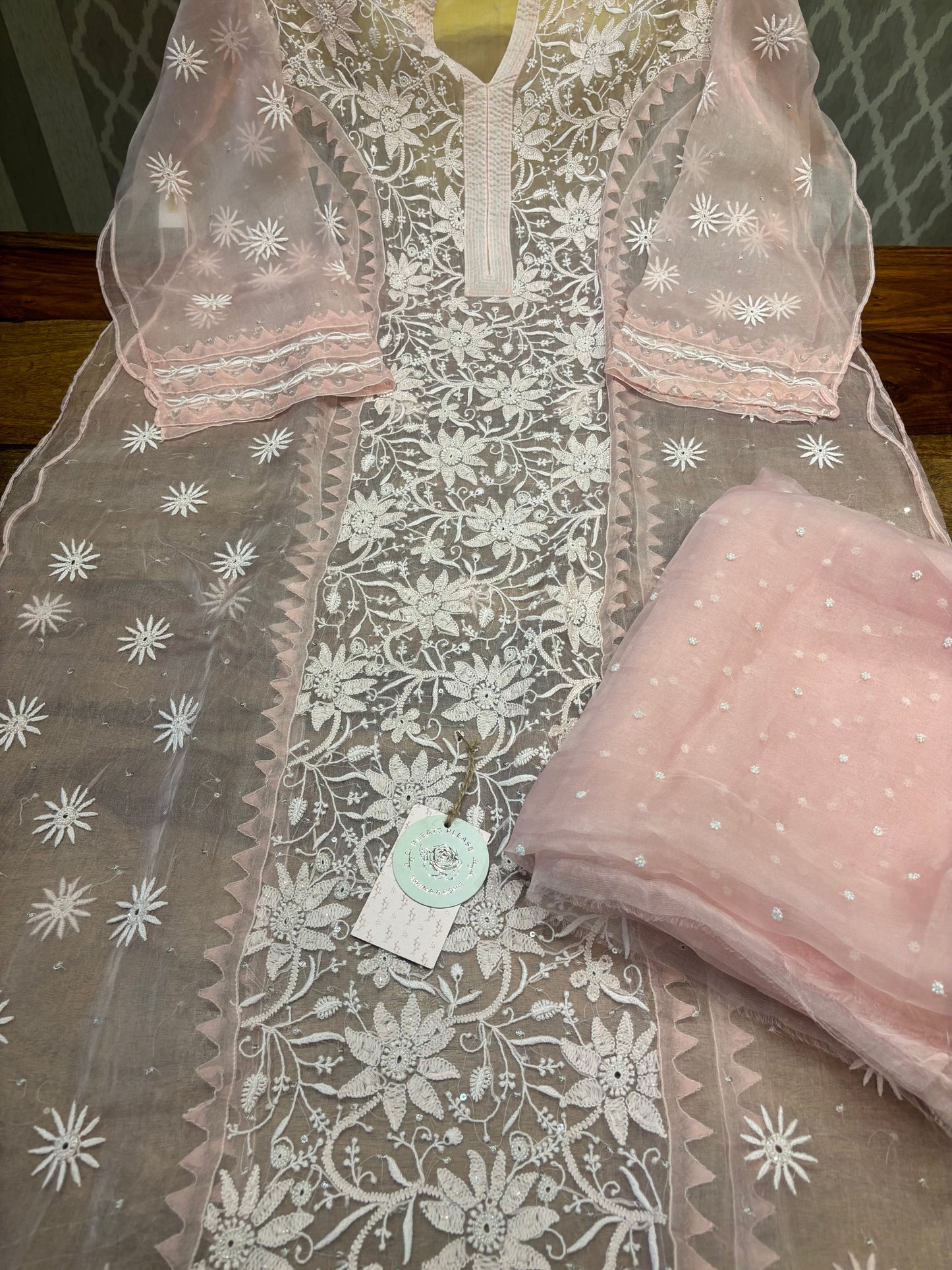 Pink Organza chikankari Kurta and dupatta set