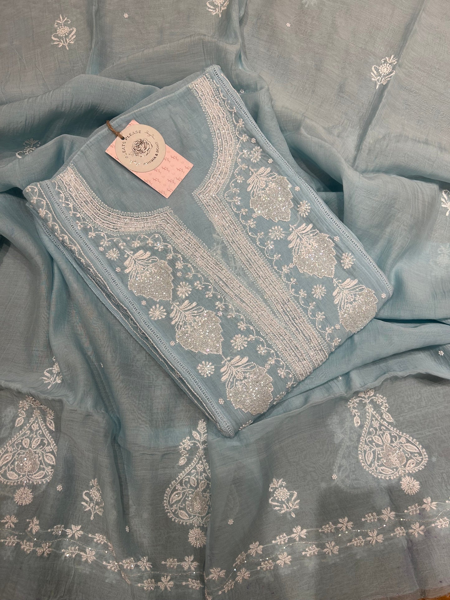 Powder Blue Chanderi Mul Chikankari Kurta & Dupatta Set