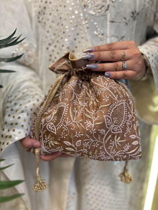 Brown Silk Chikankari Potli