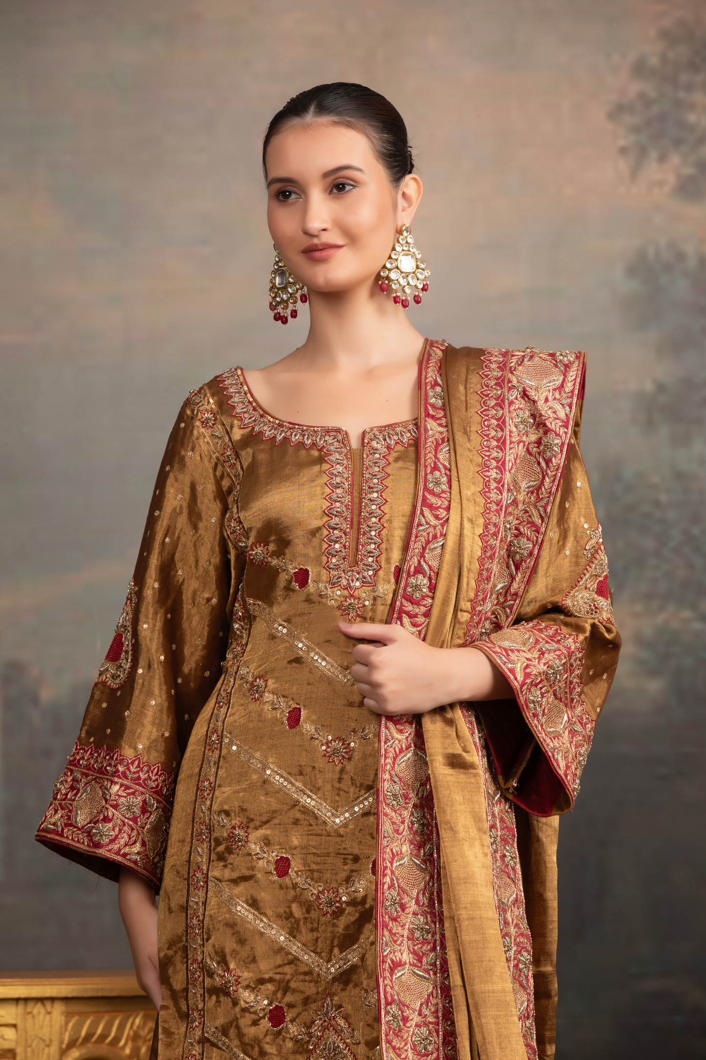 Golden Pure Tissue Chikankari 3 Piece Set