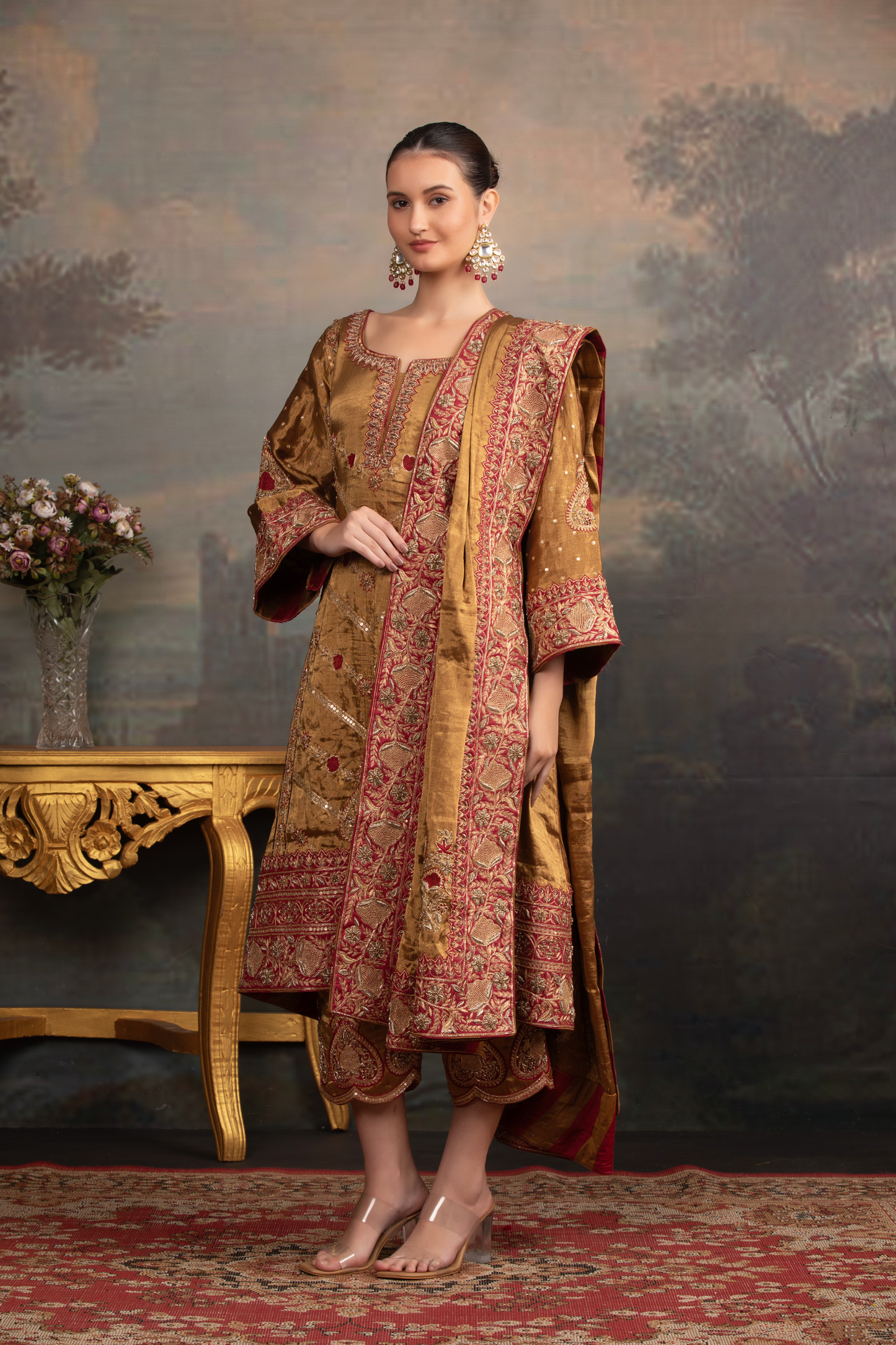 Golden Pure Tissue Chikankari 3 Piece Set