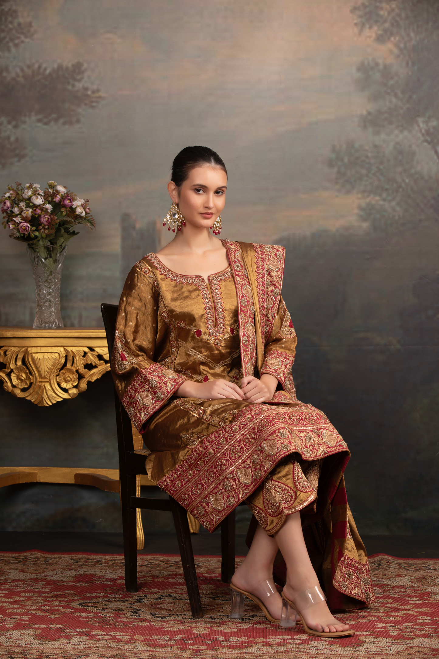 Golden Pure Tissue Chikankari 3 Piece Set
