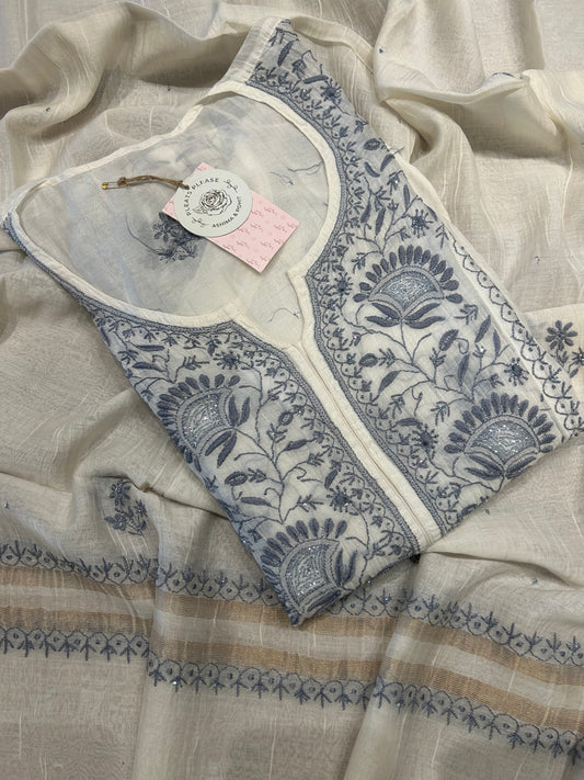 White Chanderi Mul Chikankari Kurta and Dupatta