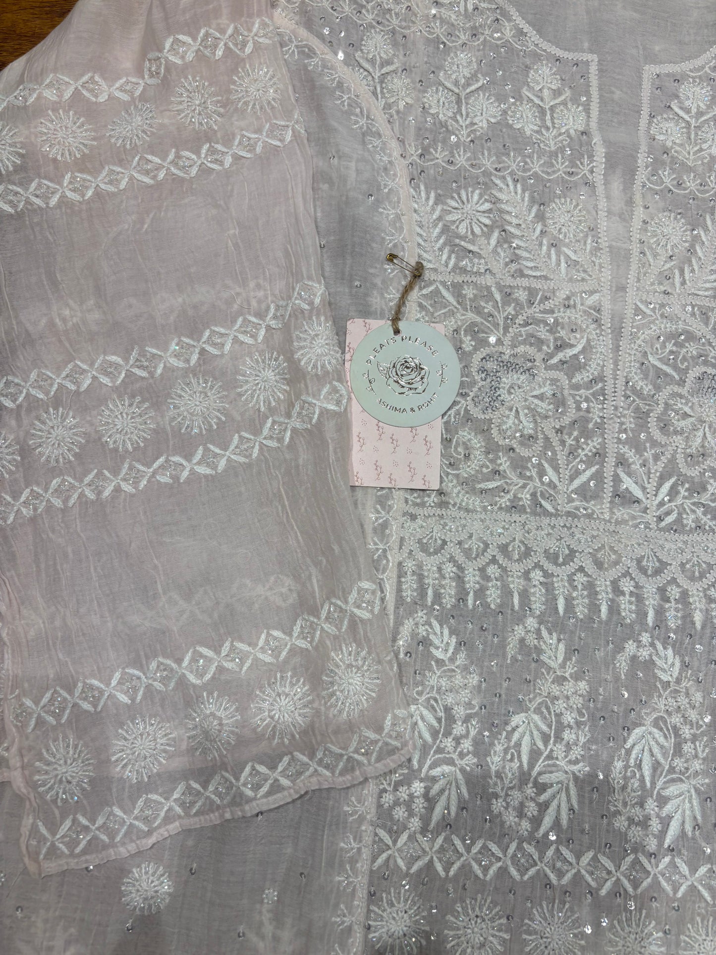 Rosé Cloud Chanderi Mul Chikankari Straight Kurta And Dupatta Set
