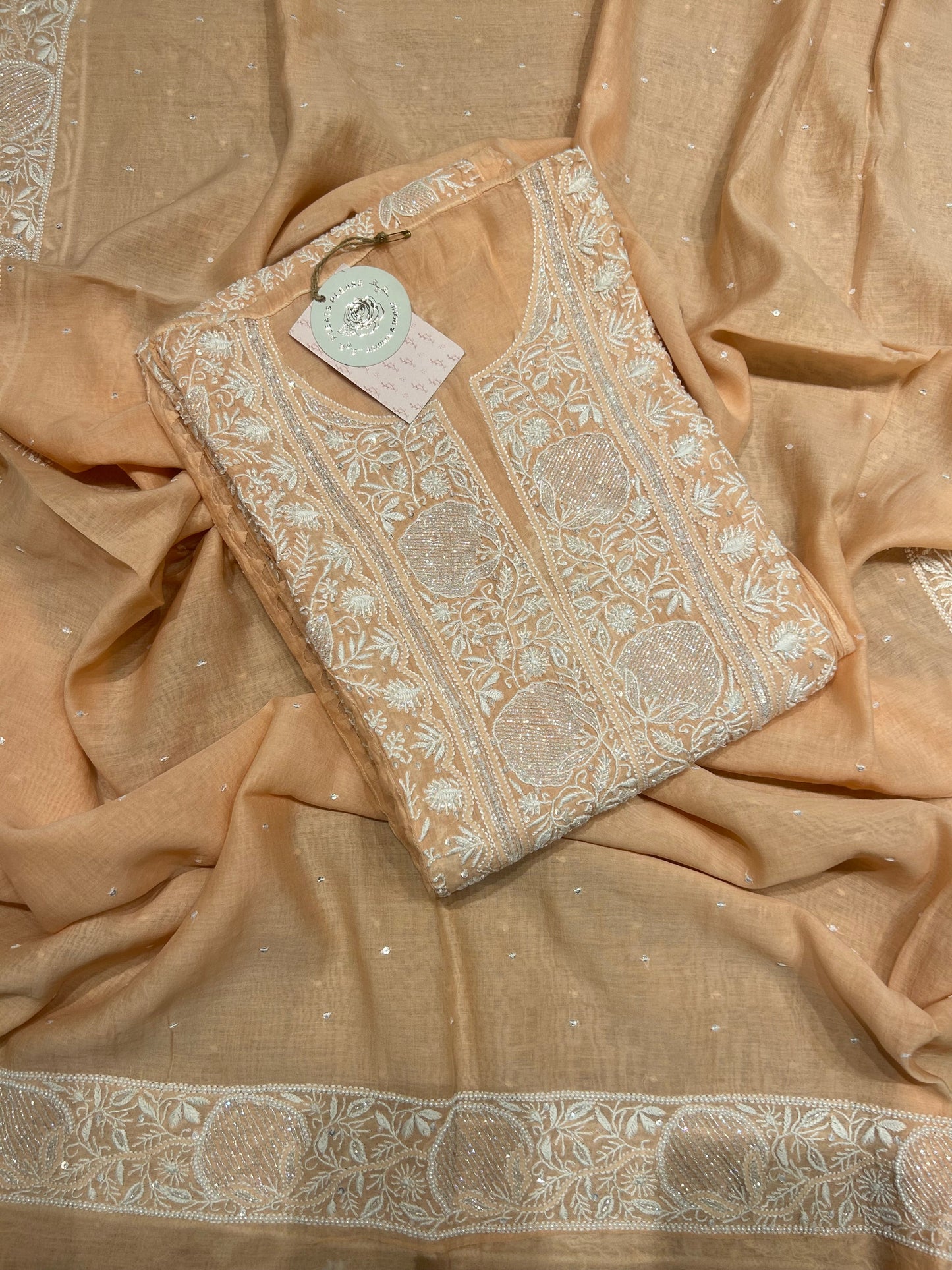 Peach Chanderi Mul Chikankari Kurta and Dupatta