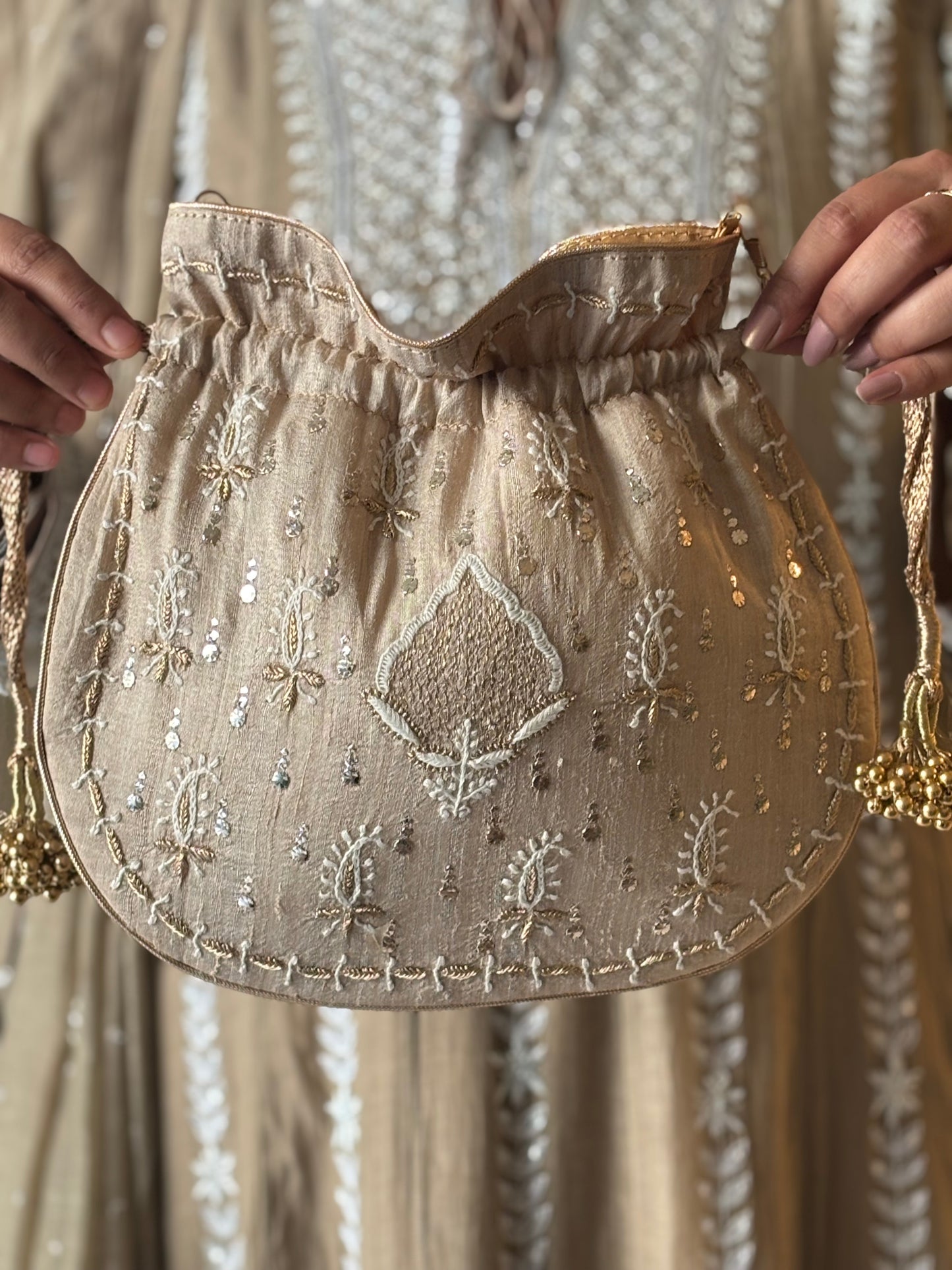 Beige Silk Chikankari and Mukaish Batua