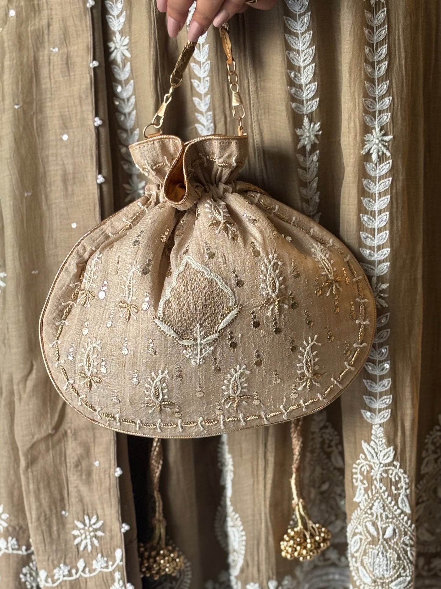 Beige Silk Chikankari and Mukaish Batua