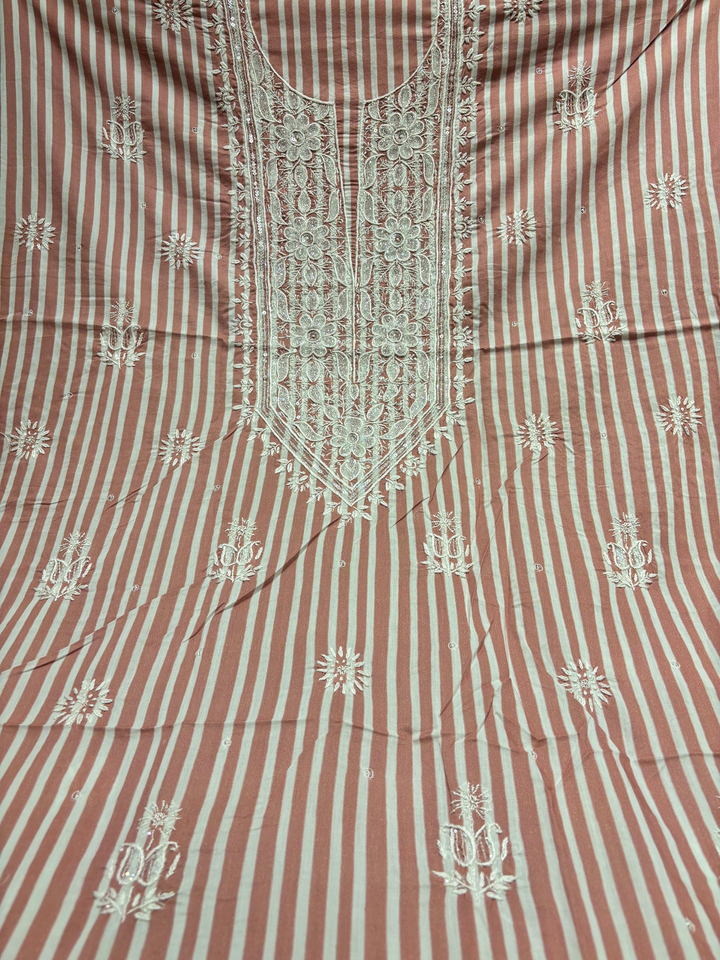 Brick Stripe Mul Chikankari Kurta Fabric