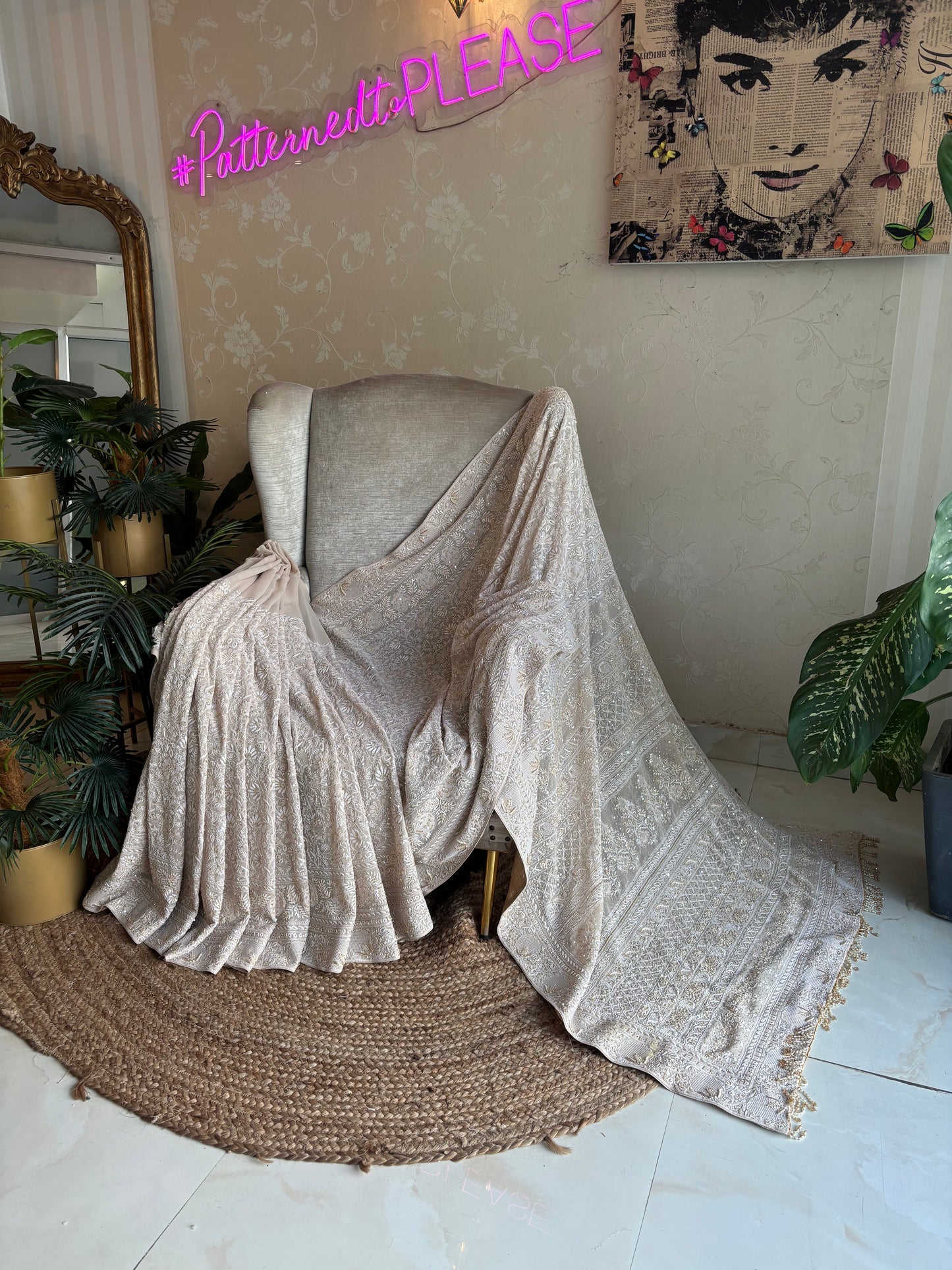 Coffee Cream Pure Georgette Chikankari Saree and Blouse