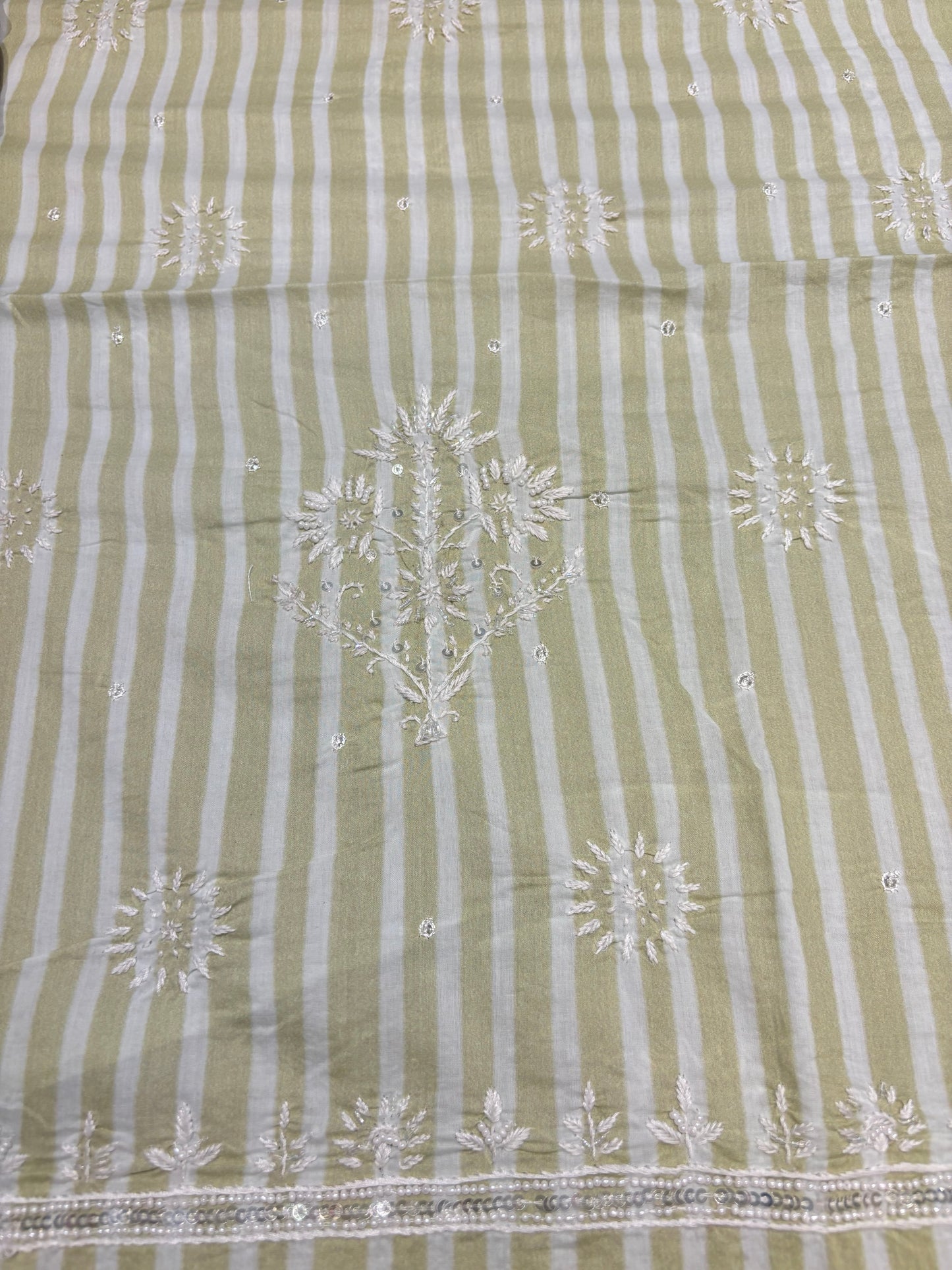 Tea Green Stripe Mul Chikankari Kurta Fabric
